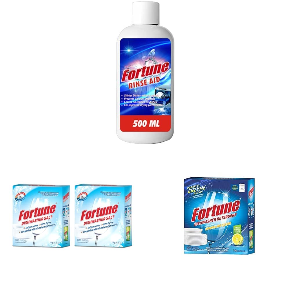 Fortune Rinse Aid 500ml, Dishwasher Salt 2kg & Dishwasher Detergent 1kg - 3-in-1 Dishwashing Kit for All Brands | Perfect for Sparkling Clean Dishes in Bosch, Samsung & More Dishwashers