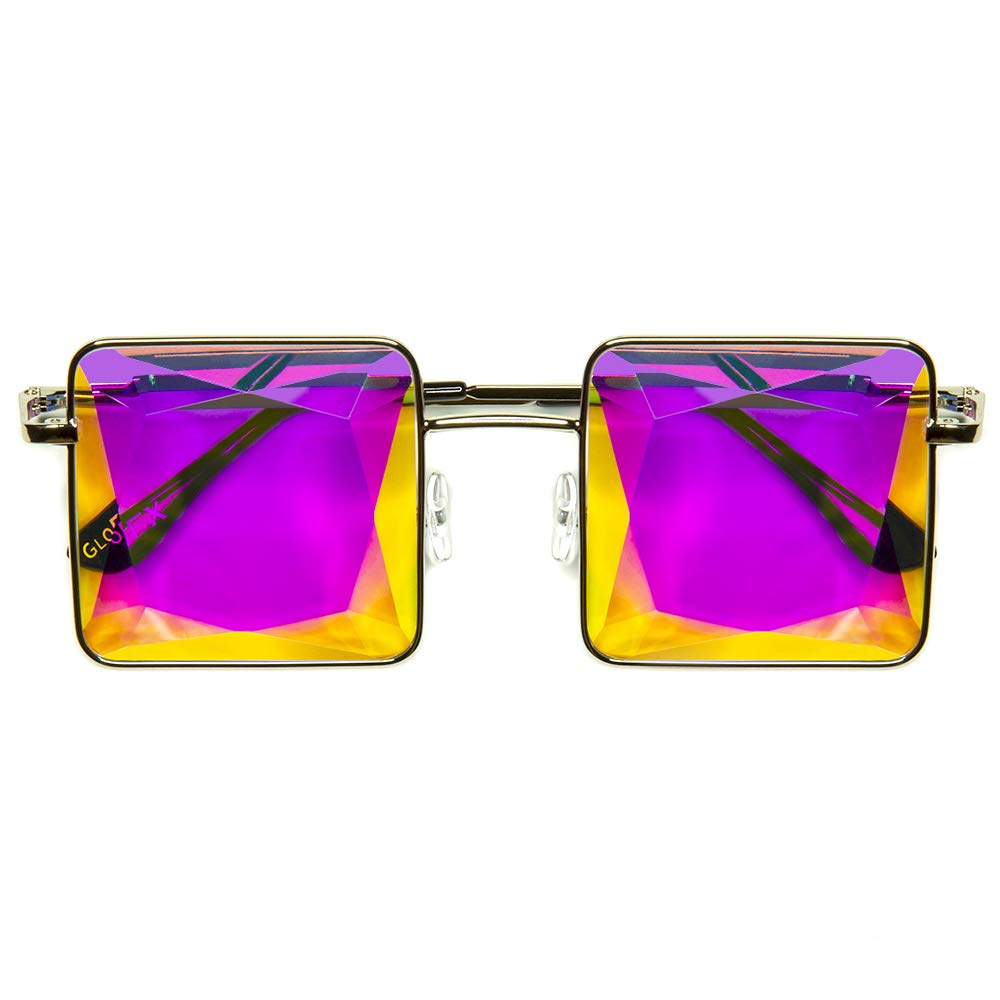 GloFX Square Kaleidoscope Glasses - Metal Frame Rainbow Light Diffraction Prism Glasses for EDM Festivals, Rave Parties, Concerts & Visual Entertainment