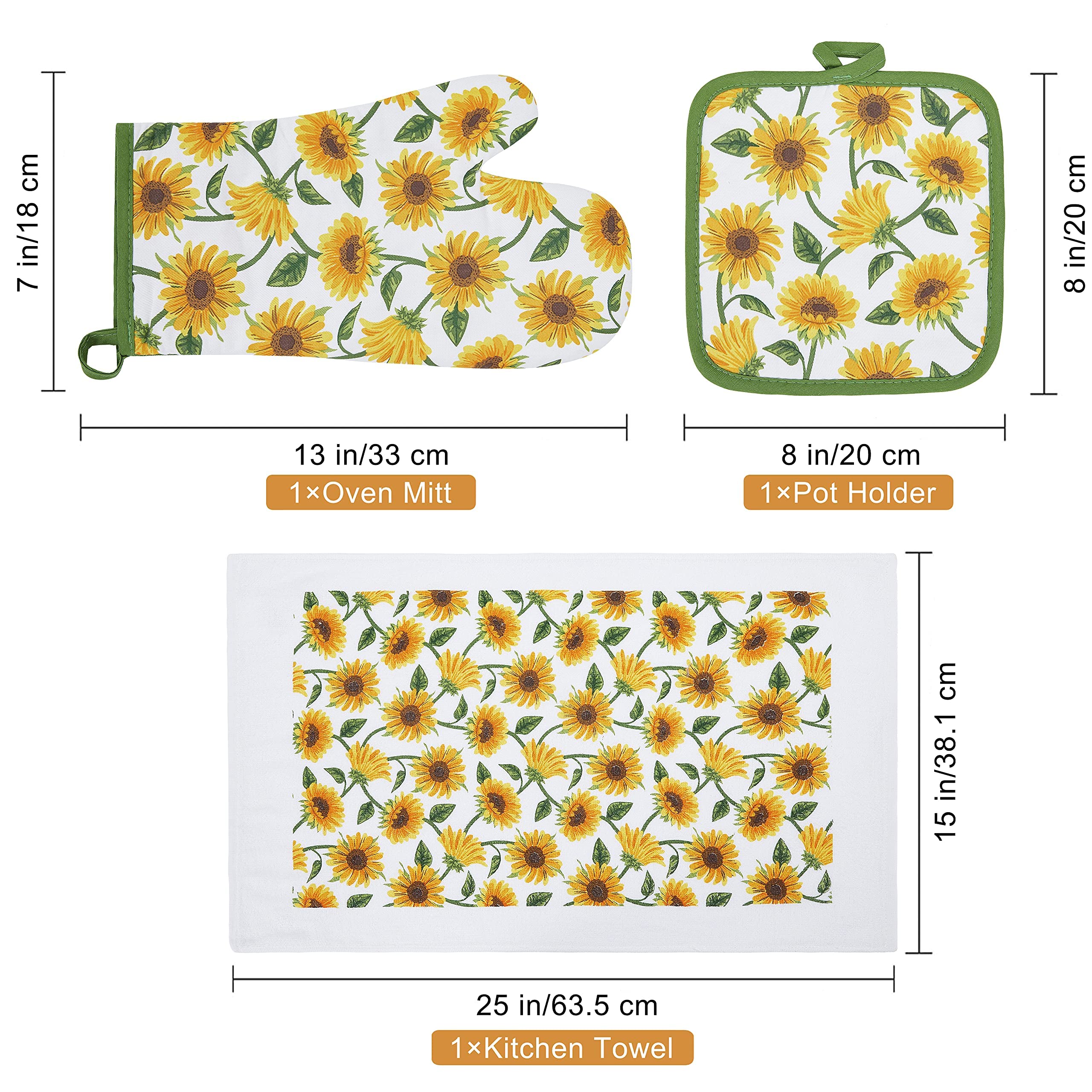 Heat Resistant Oven Mitts and Potholders Set - 100% Cotton Kitchen Accessories for Baking, Cooking & Gifting - Machine Washable & Durable (3-Piece Sunflower Design) - Perfect for Holiday Baking, BBQ Grilling & Everyday Kitchen Use