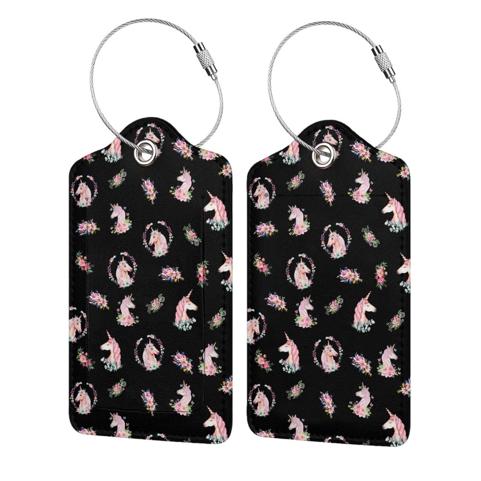 2 Pack Flower Unicorn Black PU Leather Luggage Tags with Stainless Steel Loop & Privacy Cover - Stylish ID Label for Suitcases, Bags & Travel Accessories - Perfect Gift for Women, Men & Kids (Ideal for Air Travel, Vacation & Business Trips)