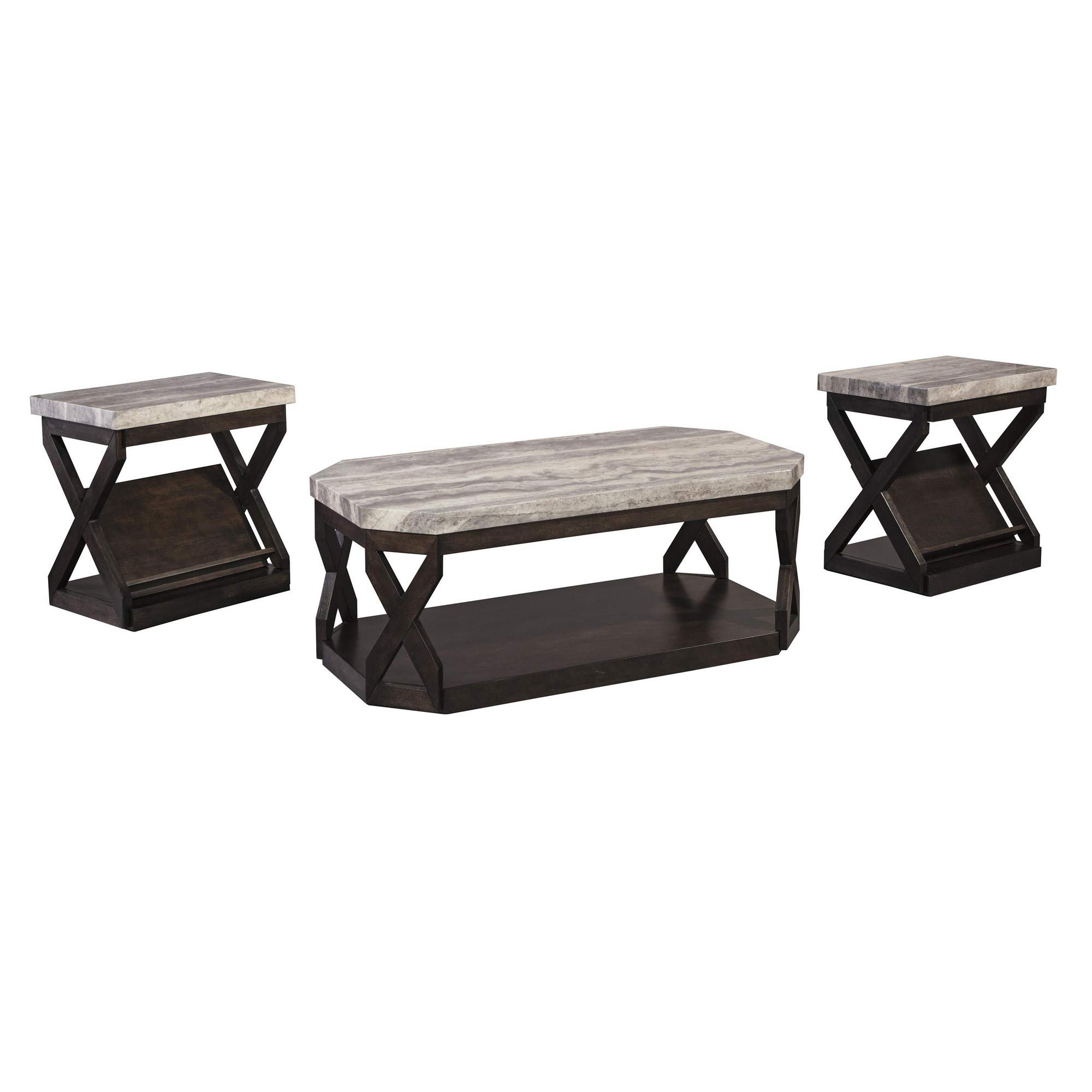 Benjara Faux Marble Coffee Table Set with 1 Coffee Table and 2 End Tables - Brown and Gray Modern Living Room Furniture for Home Decor