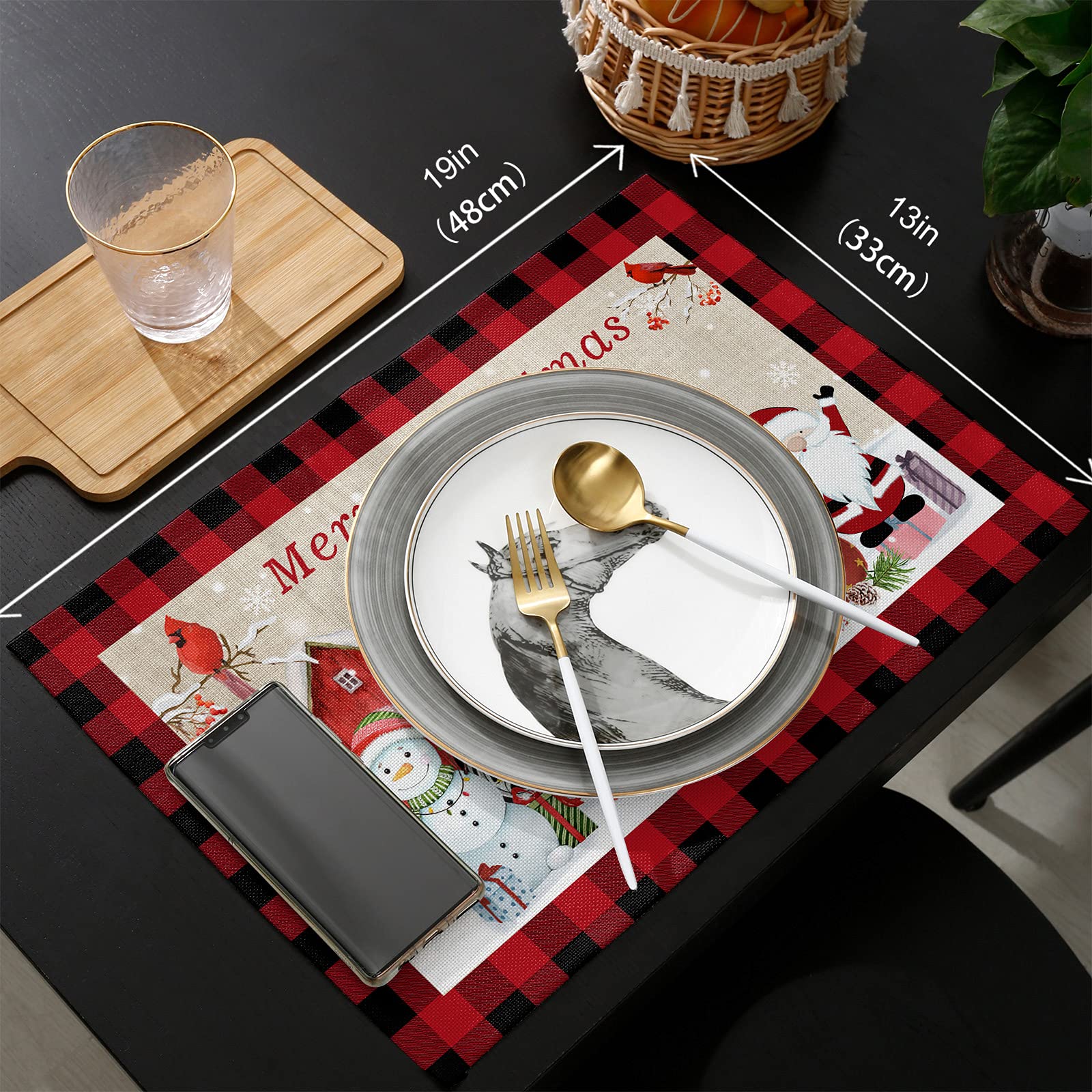 Christmas Placemats Set of 4 - Washable Holiday Table Mats with Xmas Truck, Gnomes & Snowman Design - 13x19 Inch Buffalo Plaid Dining Mats for Kitchen, Restaurant & Picnic Decor - Perfect for Holiday Dinners, Party Decorations & Festive Gatherings