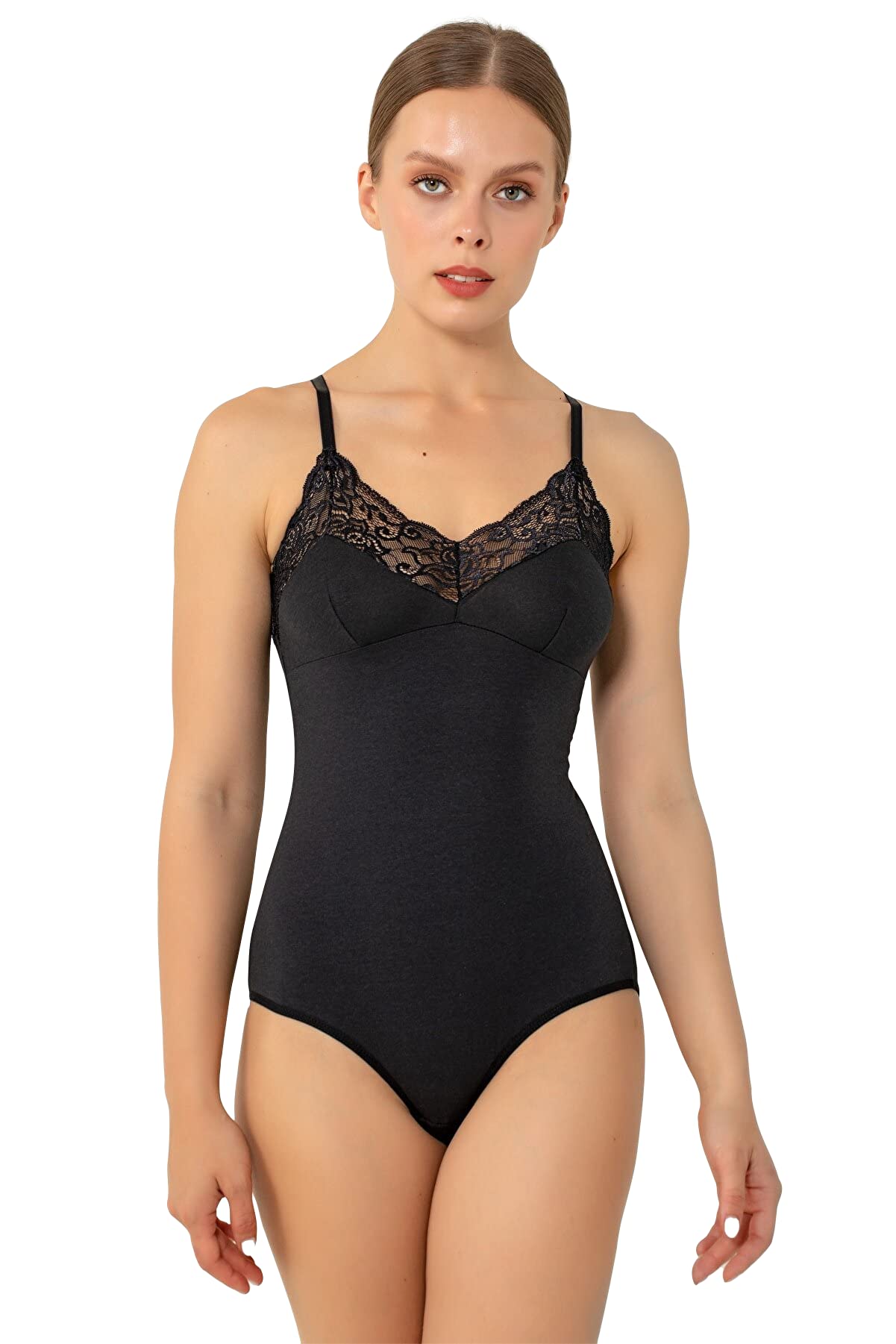 Miorre Women's Bodysuit - Adjustable Strap Lace Cotton Modal Blend Seamless Bodysuit for Casual Wear, Layering & Date Night Outfits