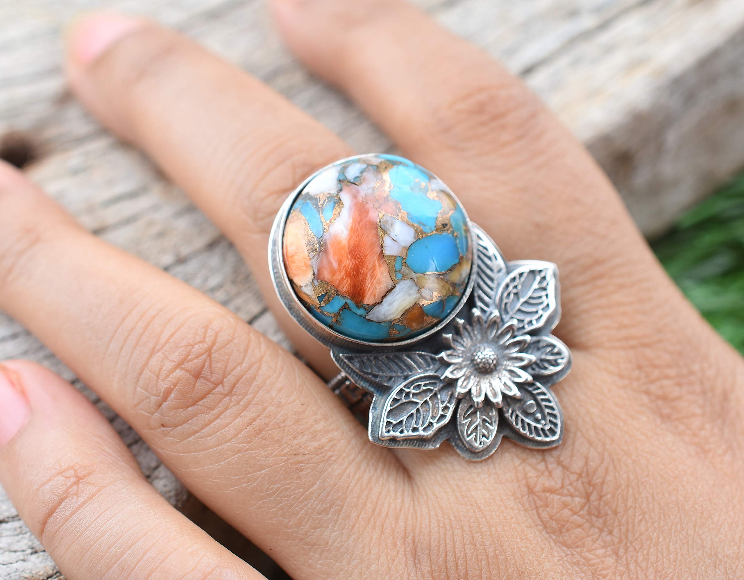 Vintage Oyster Copper Turquoise 925 Sterling Silver Ring - Handmade Boho Jewelry - Unique Hippie & Birthstone Ring - Perfect Birthday Gift for Women - TQ-07 | Ideal for Casual Wear, Festivals & Special Occasions