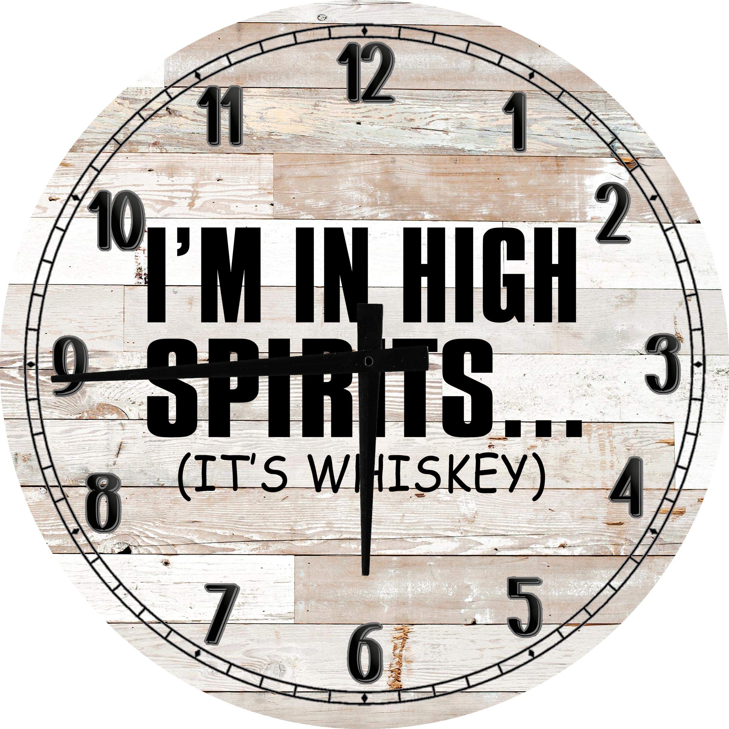 Funny Whisky Wall Clock - High Spirits Drinking Humor, 24 Inch Large Round Battery Operated White Bar Decor for College Party & Home Office