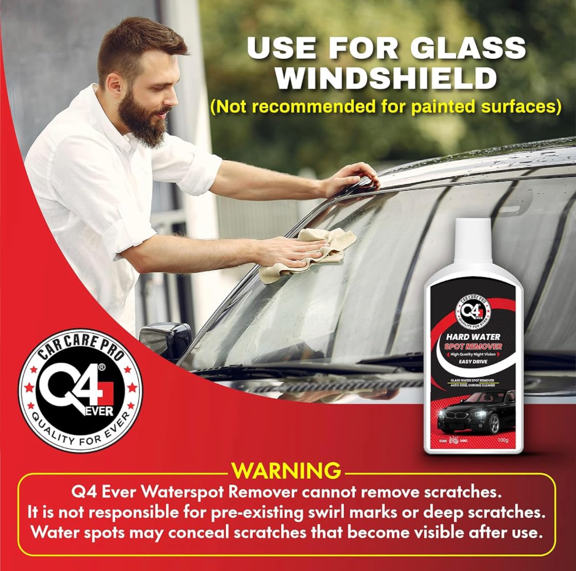 Q4 EVER Auto Care Glass Polish & Hard Water Spot Remover - 100g Cream for Car Windshield, Windows & Mirrors - Restores Clarity, Removes Stains & Mineral Deposits - Perfect for Auto Detailing & Home Glass Cleaning