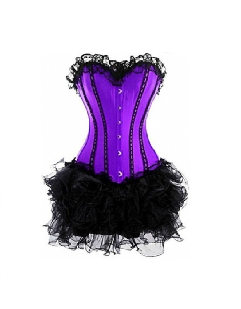 Elegant Purple Satin Black Lace Moulin Rouge Halloween Corset Dress - Overbust Victorian Burlesque Costume for Women | Perfect for Halloween Parties, Burlesque Shows & Themed Events