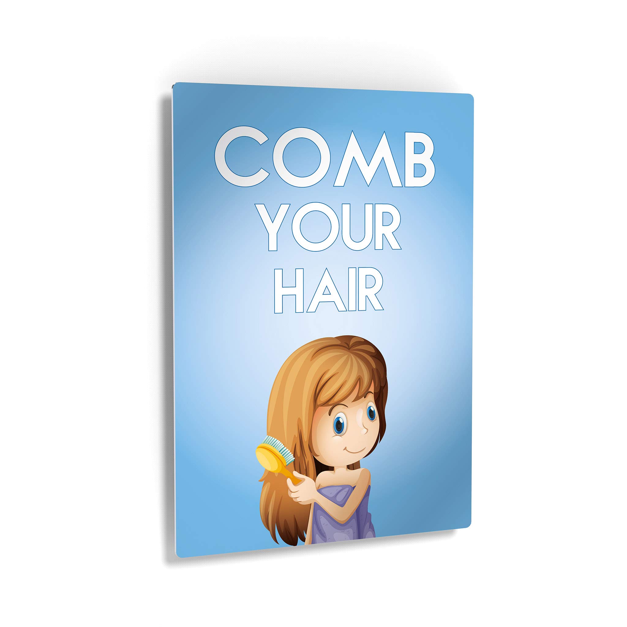 Smile Art Design 'Comb Your Hair' Quote Metal Print - Bathroom Wall Decor for Kids, Nursery & Home - Ready to Hang 30x20 Inches - Made in USA | Perfect for Bathrooms, Bedrooms & Playrooms