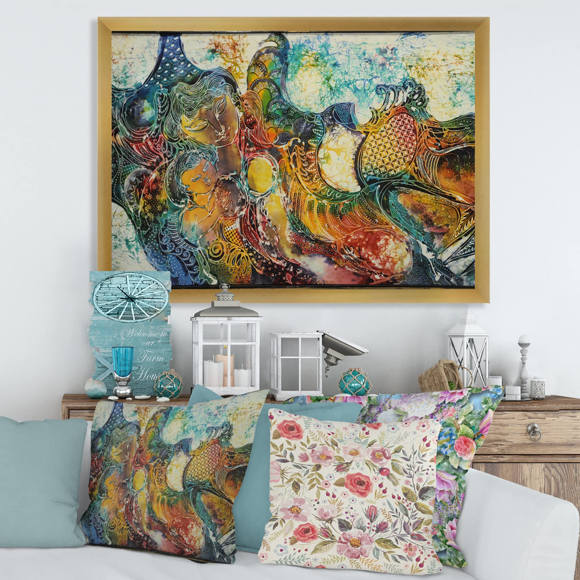 DesignQ Modern Framed Wall Art - Mother and Child Batik Painting - Perfect for Nursery, Living Room & Home Decor