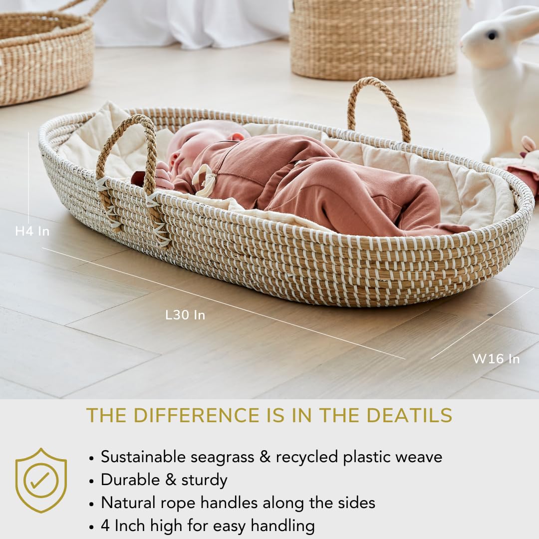Premium Baby Changing Basket - Handwoven Seagrass Nursery Organizer with Rope Handles - Complete Diaper Changing Set for Dresser | Natural & Eco-Friendly | Perfect for Newborn Care & Nursery Organization
