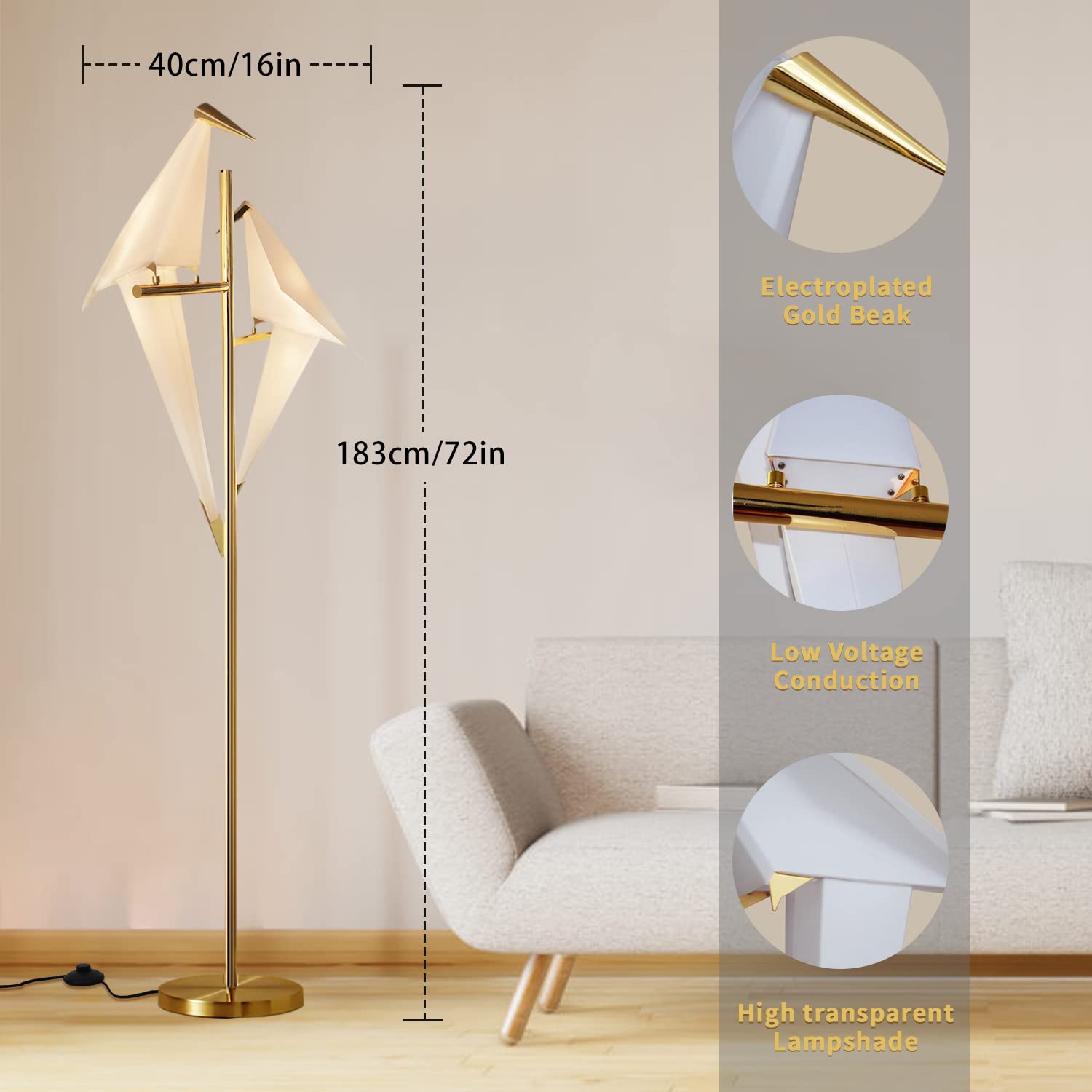 Modern LED Floor Lamp with 2 Birds - 72 Inch Gold Metal Fixtures for Living Room, Bedroom, Dining Room & Office - Adjustable Brightness for Ambient Lighting & Reading