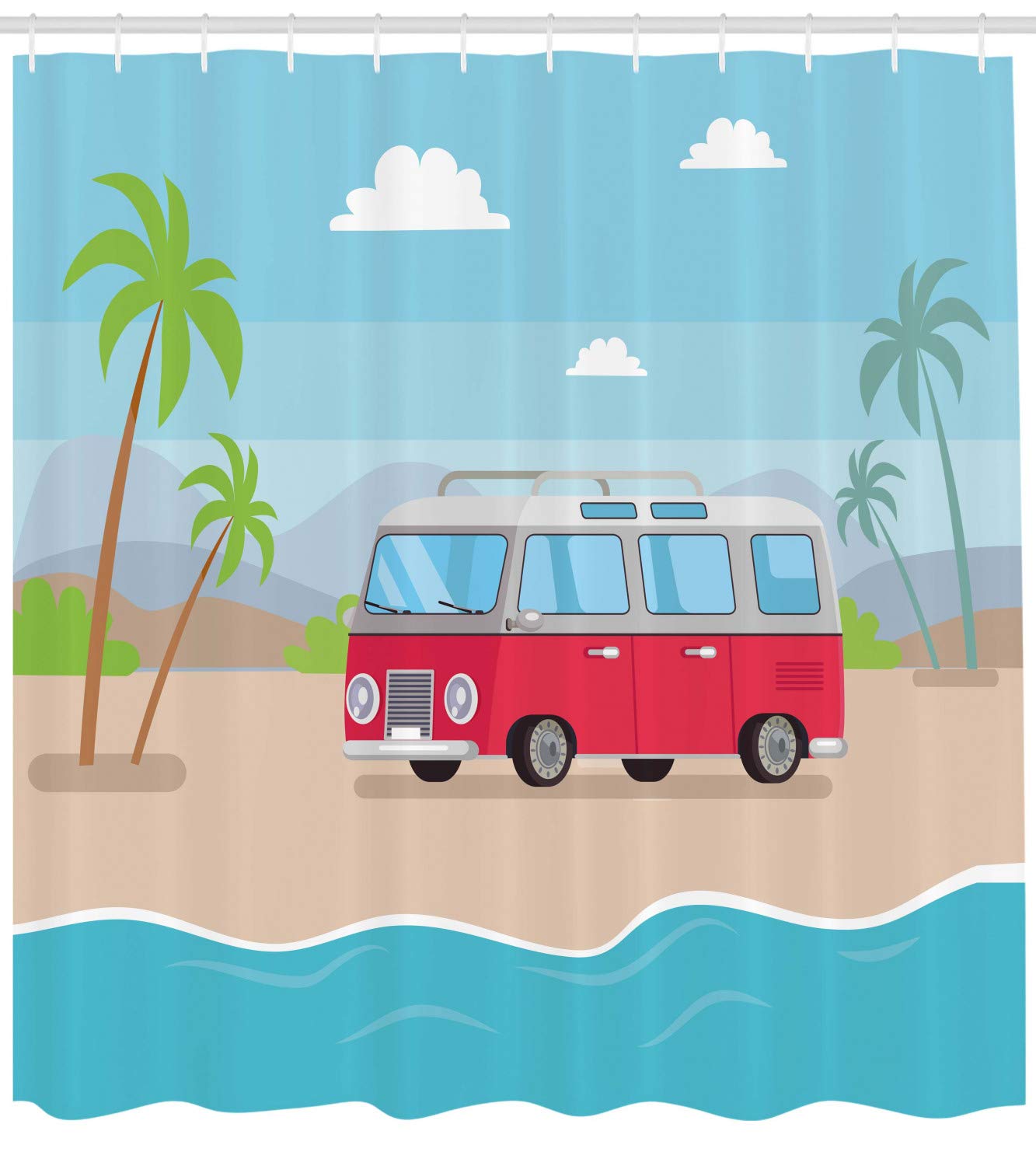 Ambesonne Graphic Beach Shower Curtain - Happy Camper Van & Palm Trees Design, 105