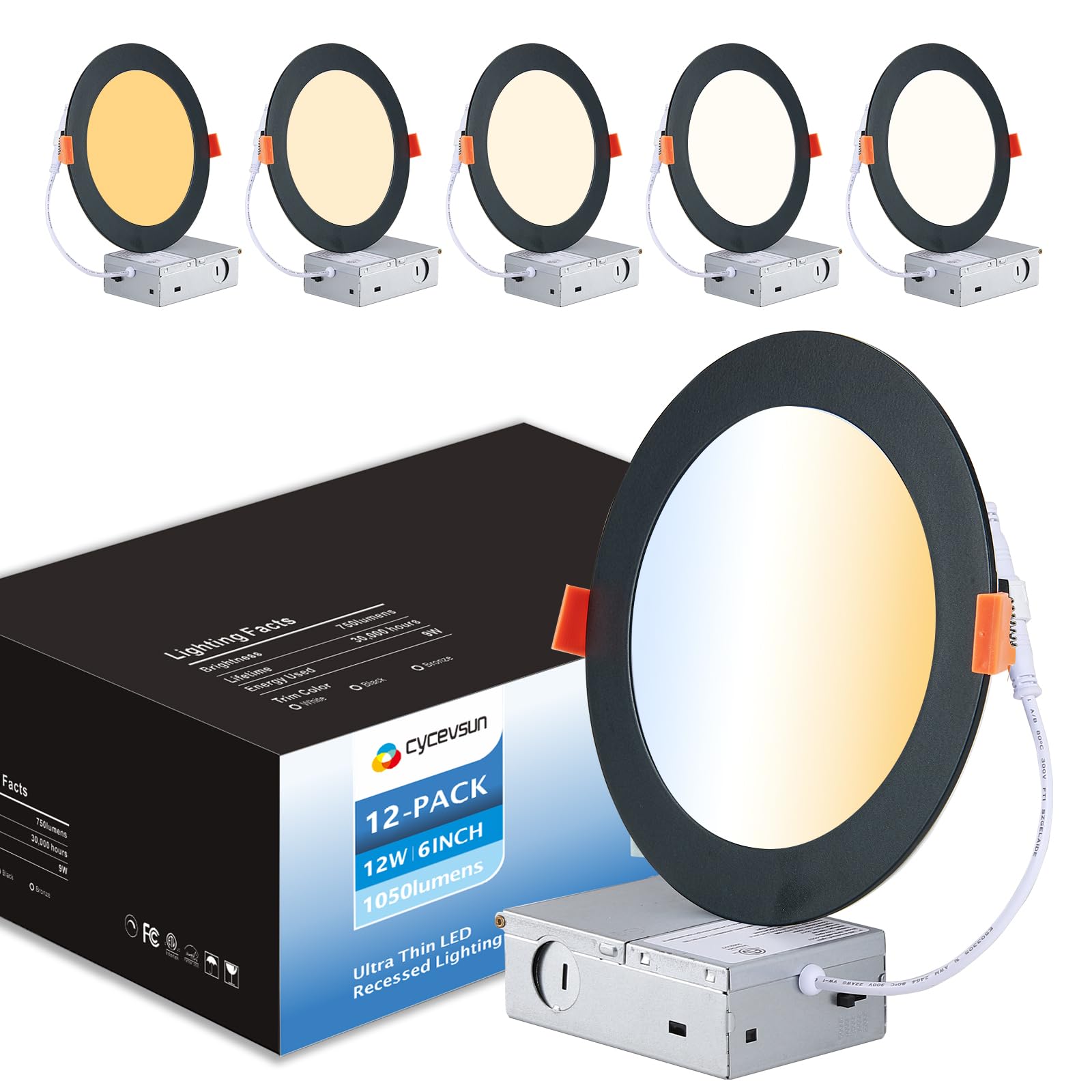 12 Pack 6 Inch Black Recessed LED Lights - Dimmable Canless Wafer Downlight for Outdoor Soffit & Ceiling - 5CCT Selectable (12W, 120V, IC Wet Rated, ETL Certified) - Perfect for Patio, Garage & Landscape Lighting