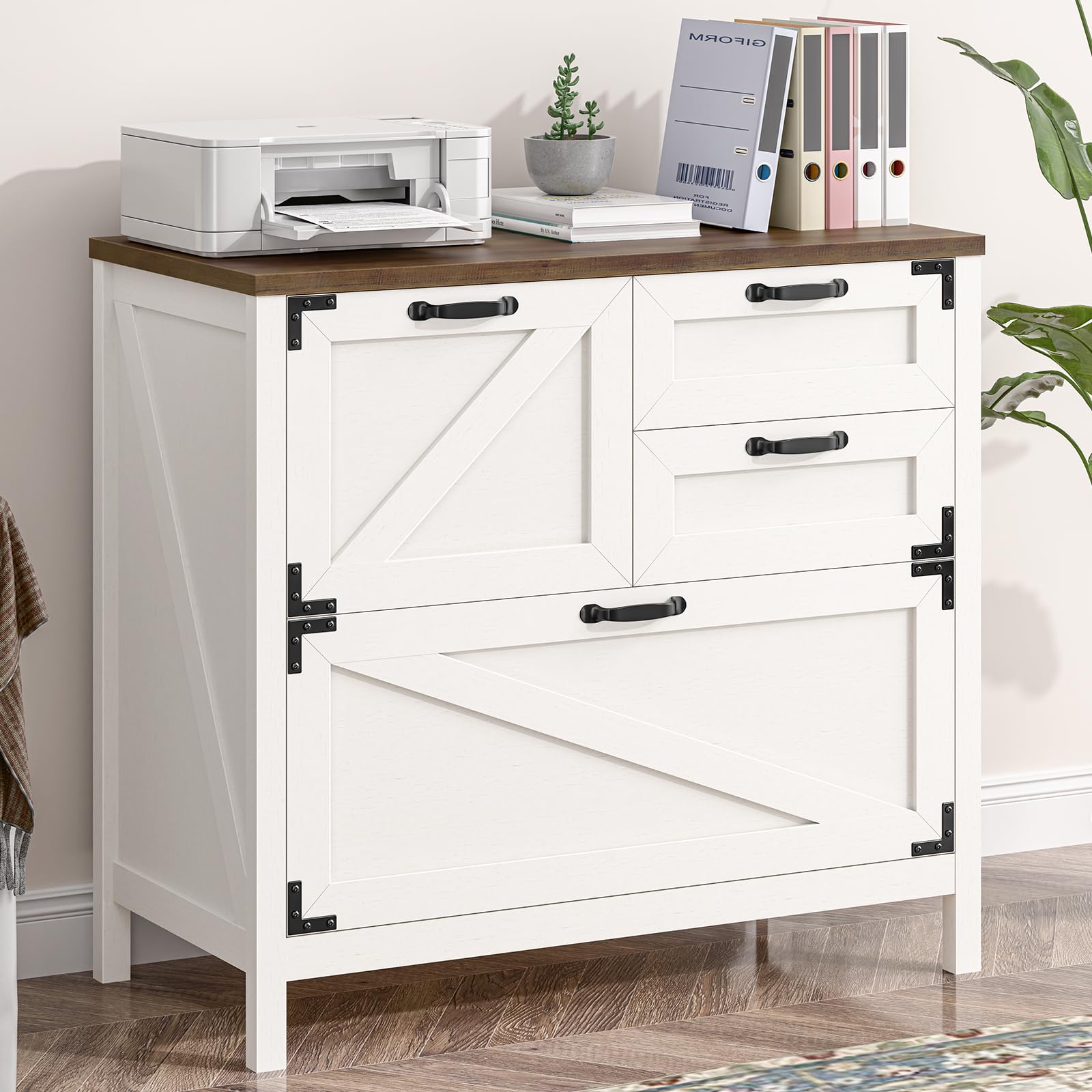 4-Drawer Wood Lateral File Cabinet for Hanging Files - Letter/A4/Legal Size Storage - Farmhouse Style Home Office Furniture with Printer Stand (White & Brown) - Perfect for Organizing Documents in Small Offices, Study Rooms & Workspaces