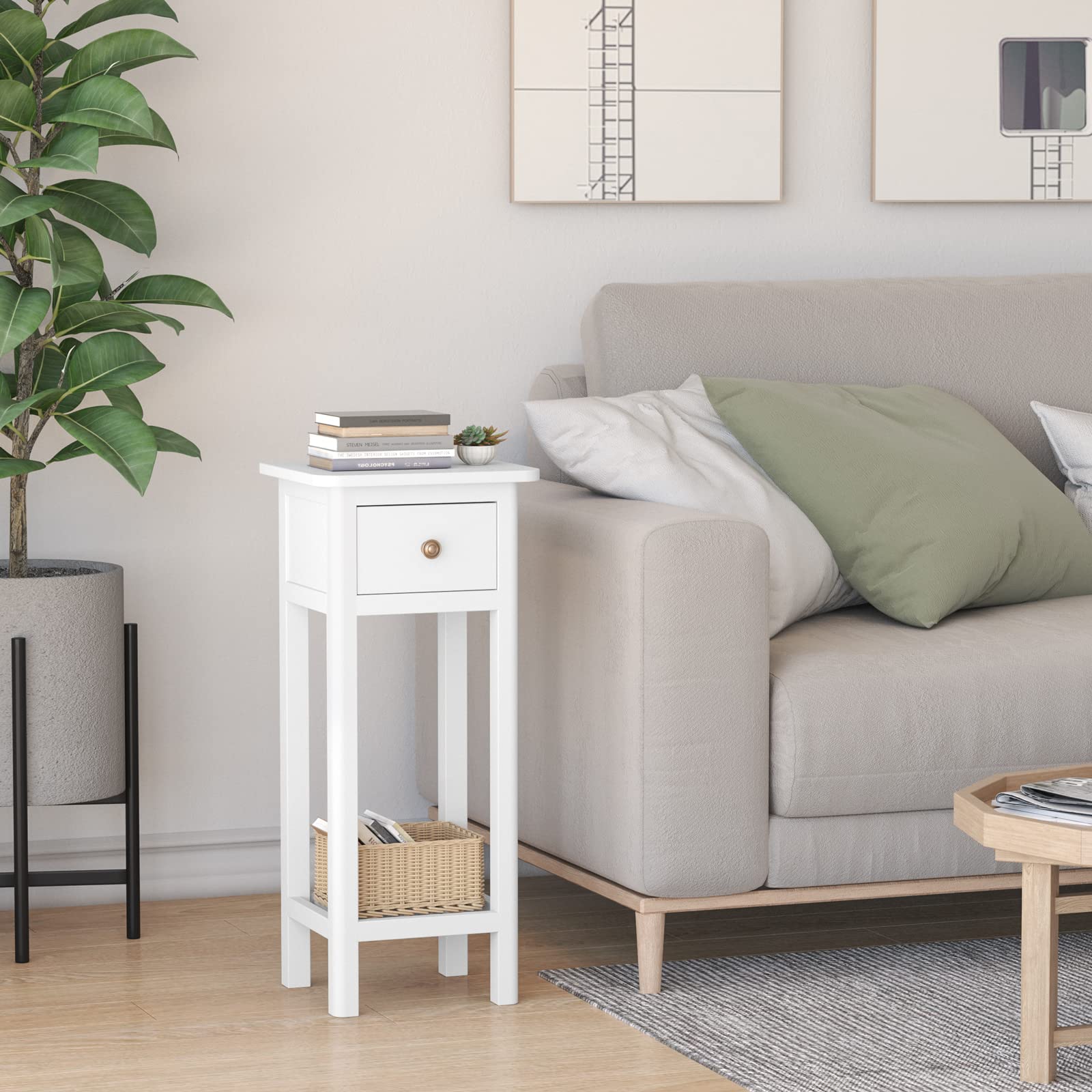 Giantex Small Side Table Set of 2 - Narrow End Table with Drawer & Shelf for Small Spaces, Wood Slim Sofa Side Table, Farmhouse Nightstand Bedside Table - No Assembly Required, White - Perfect for Living Room, Bedroom & Apartment Decor
