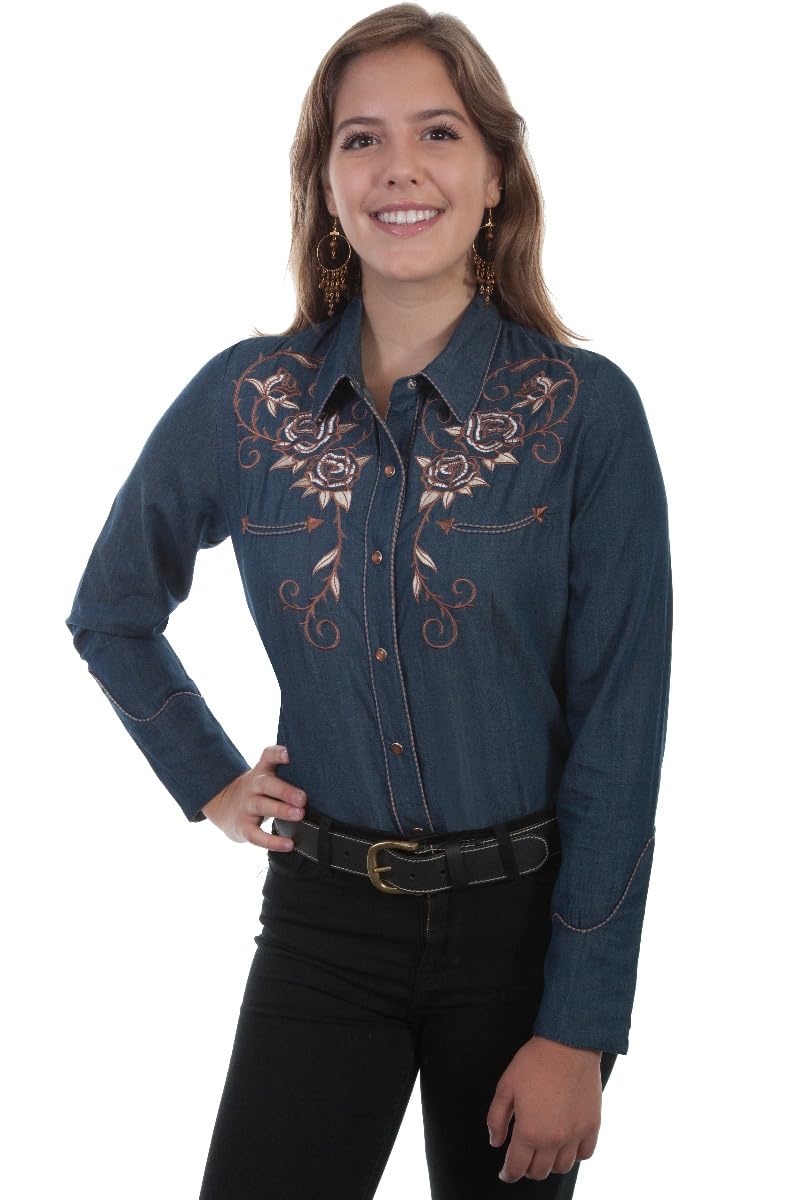 Scully Embroidered Roses & Longhorn Skull Snap Front Western Shirt for Men - PL872 DEN - Perfect for Country Music Festivals, Rodeos & Western Fashion