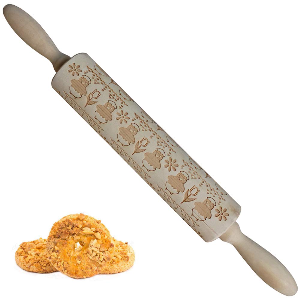 Easter Wooden Rolling Pin 14 Inch - Engraved Embossing Cookie Dough Roller for Biscuits, Pastry, and Baking - Chick and Flower Design - Perfect for Easter Cookies, Holiday Baking, and DIY Kitchen Crafts
