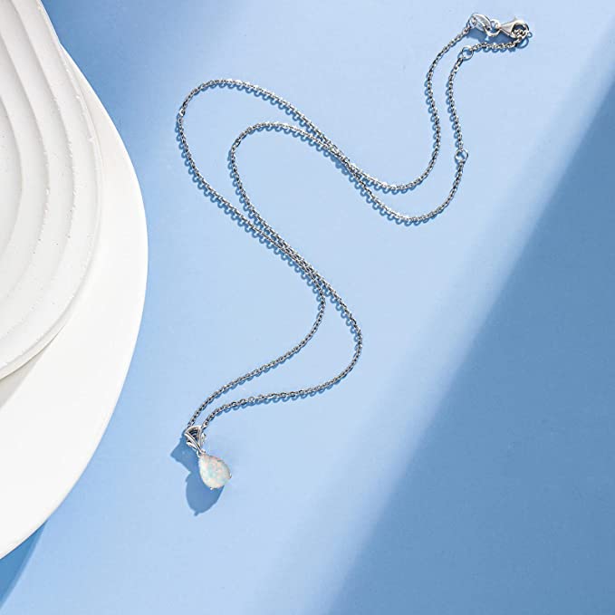 14K Solid White Gold Teardrop Pendant with Birthstone - Elegant Necklace for Women, Girls & Mom | 16