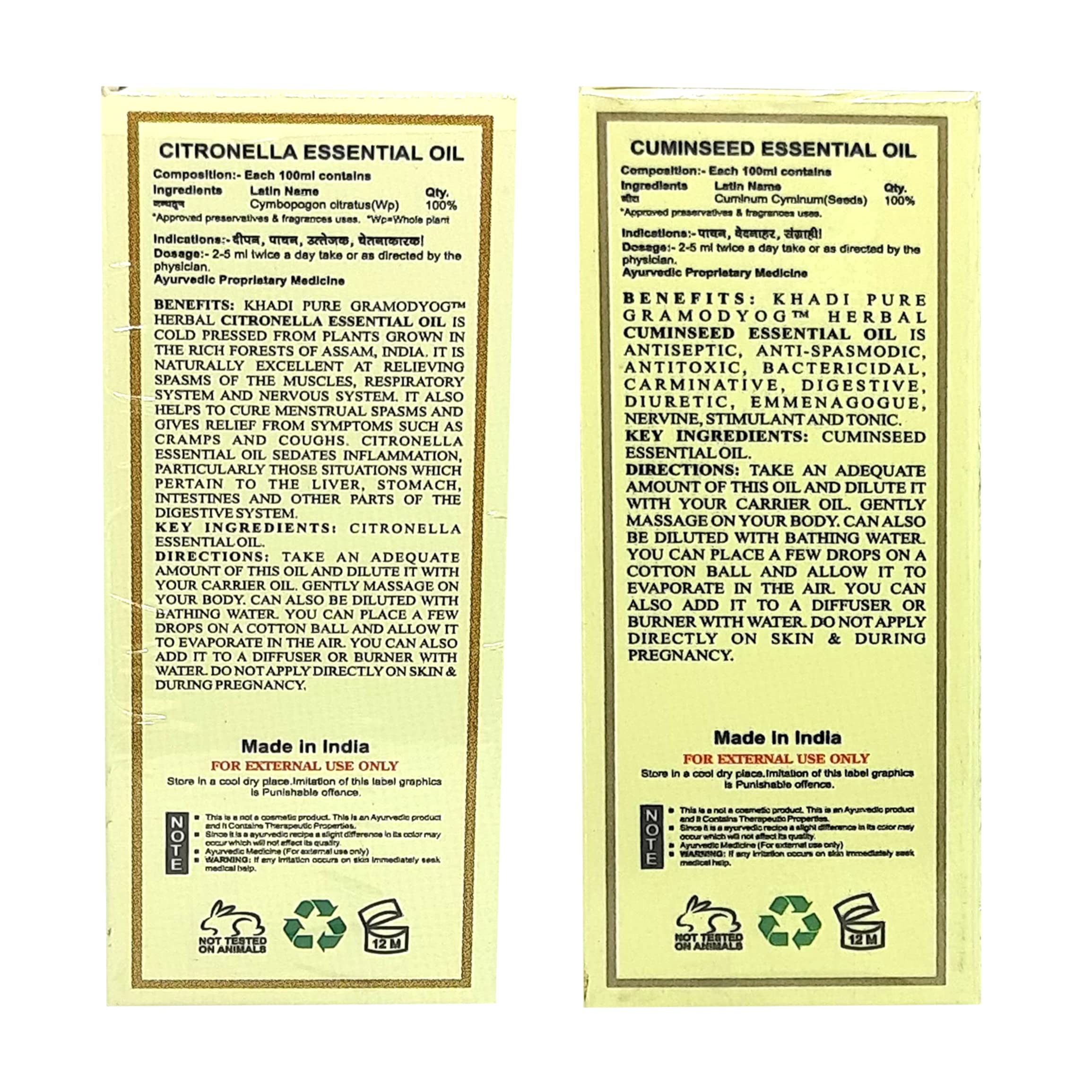 Khadi Pure Citronella & Cuminseed Essential Oil - 15ml (Pack of 2) | Natural Aromatherapy Oil for Relaxation, Skin Care & Home Fragrance