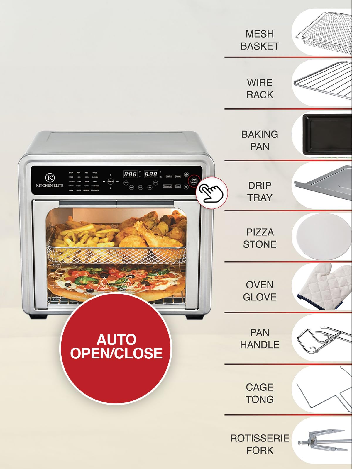 30QT French Door Air Fryer Oven - 20-in-1 Multi-Function Convection Toaster Oven with Touch Control, Rotisserie & Dehydrator | 5 Heating Elements up to 450°F | Includes Pizza Stone & 9 Accessories | Perfect for Baking, Roasting, Air Frying & Meal Prep in Home Kitchen