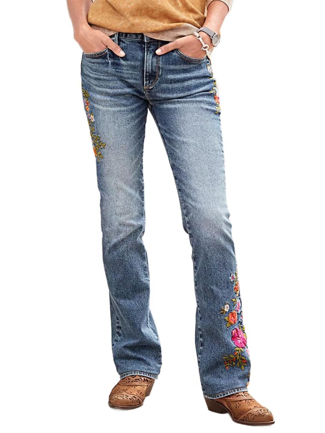 Flamingals Women's Floral Embroidery Bootcut Jeans - Mid Waist High Stretch Denim Pants with Pockets | Casual Wear, Date Night, Office Outfits