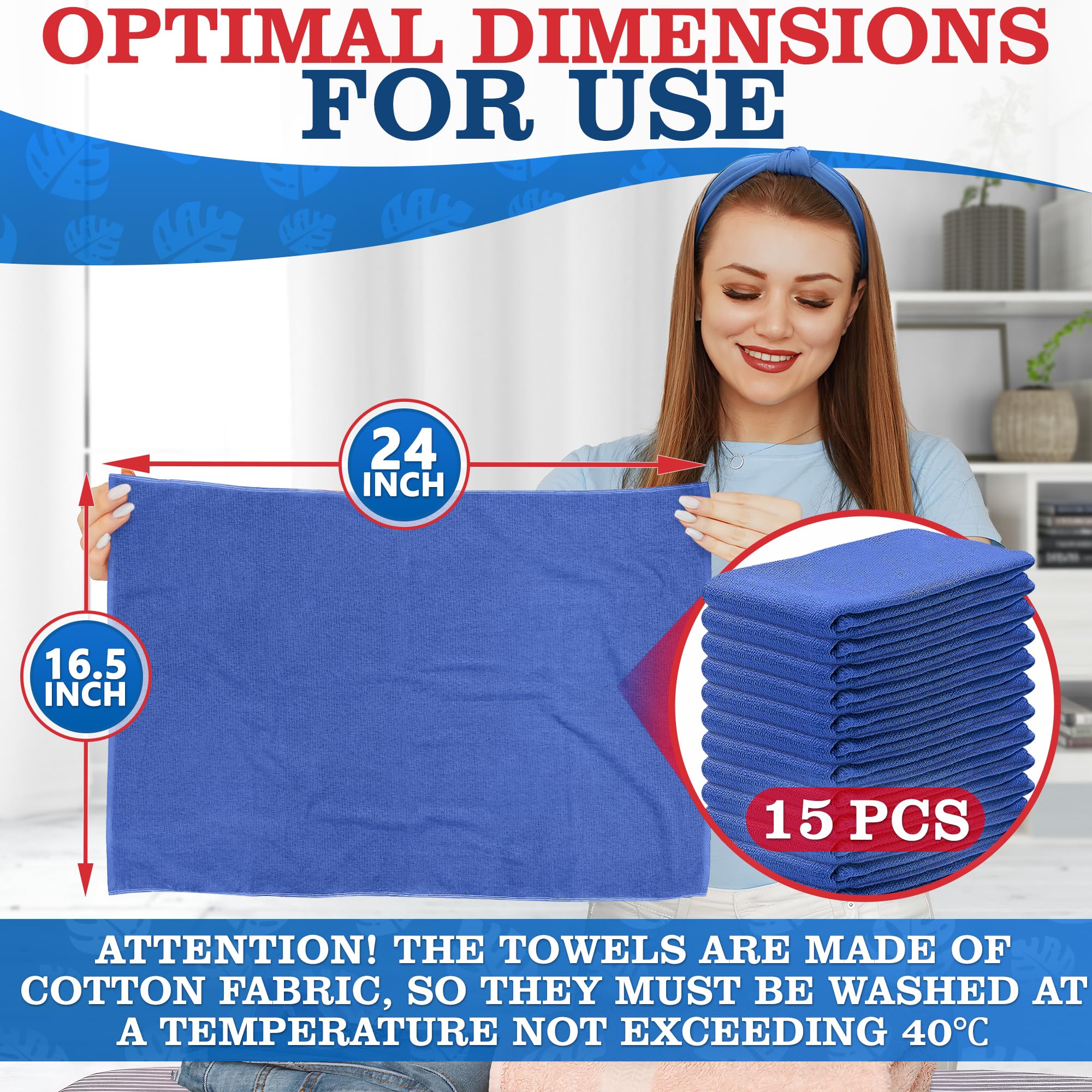 15-Pack Premium Blue Cleaning Rags - Super Absorbent Cotton Towels for Kitchen, House Cleaning & Medical Use | Reusable Shop Towels for Spills, Dusting & Surgical Applications