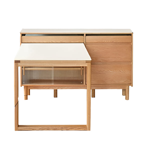 59.1x(65.9-75.0)x35.9 inch / 150x(167.3-190.4)x91.2 cm / natural wood color / ivory white rock board inlaid table sideboard