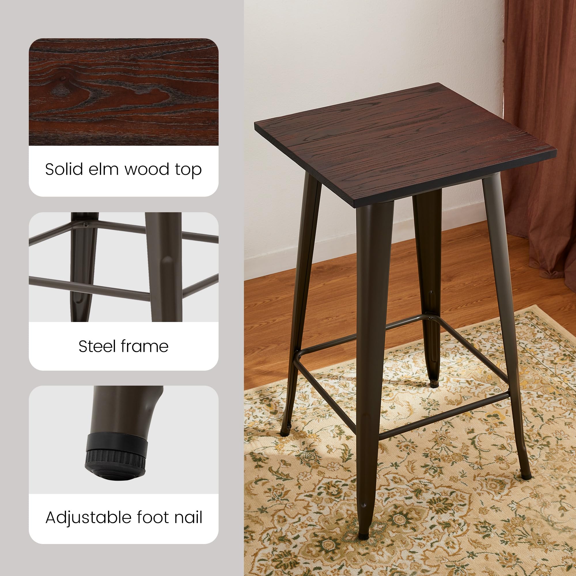 Glitzhome 3-Piece Pub Table and Chairs Set - Square Rustic Bar Height Table with Adjustable Swivel Bar Stools for Kitchen, Bistro, Dining Room & Breakfast Nook | Perfect for Small Spaces, Entertaining & Casual Dining
