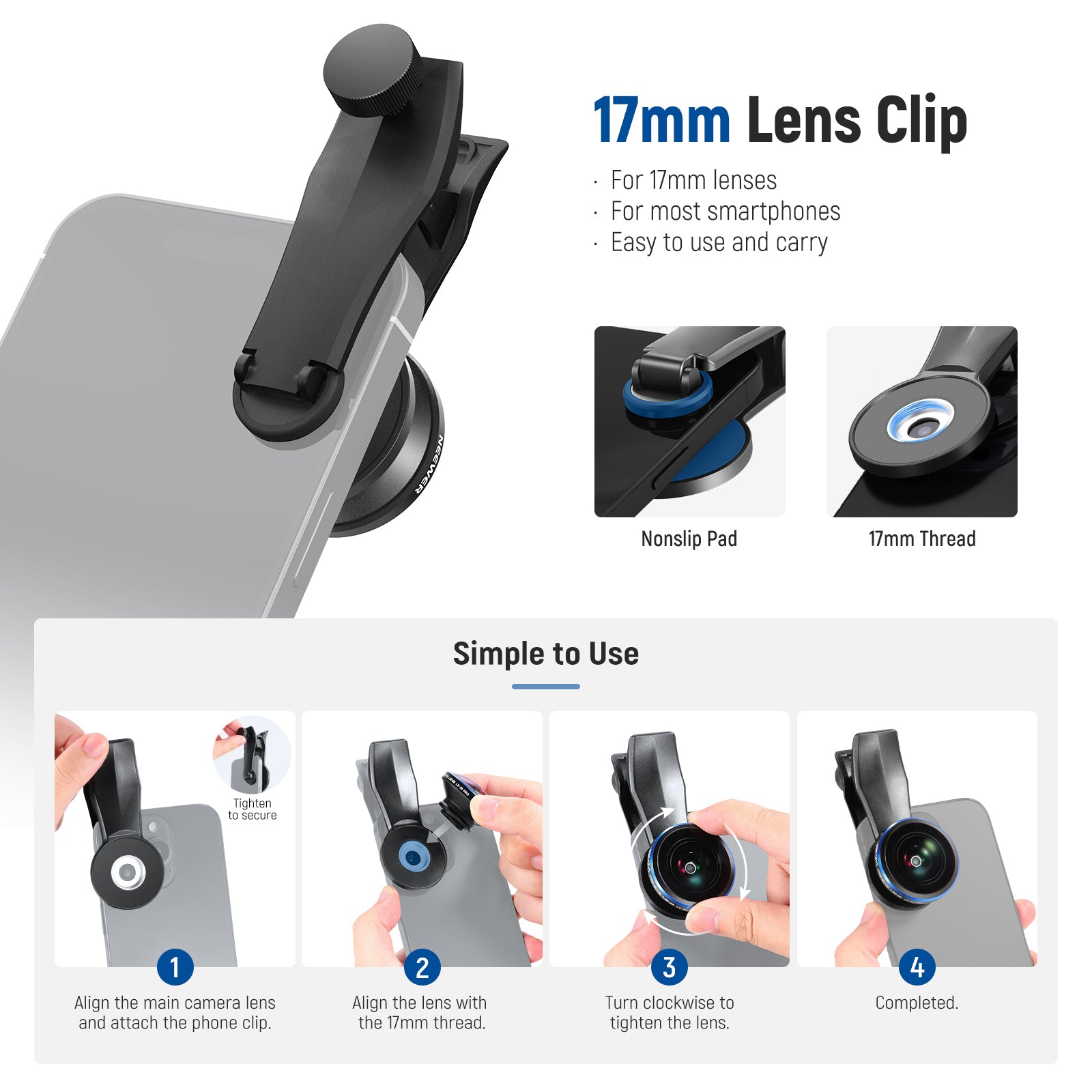 NEEWER LS 29 PRO 8mm Fisheye Lens with 17mm Thread - Universal Phone Lens Clip for iPhone, Samsung & Android - Perfect for Wide-Angle Photography, Vlogging & Creative Shots