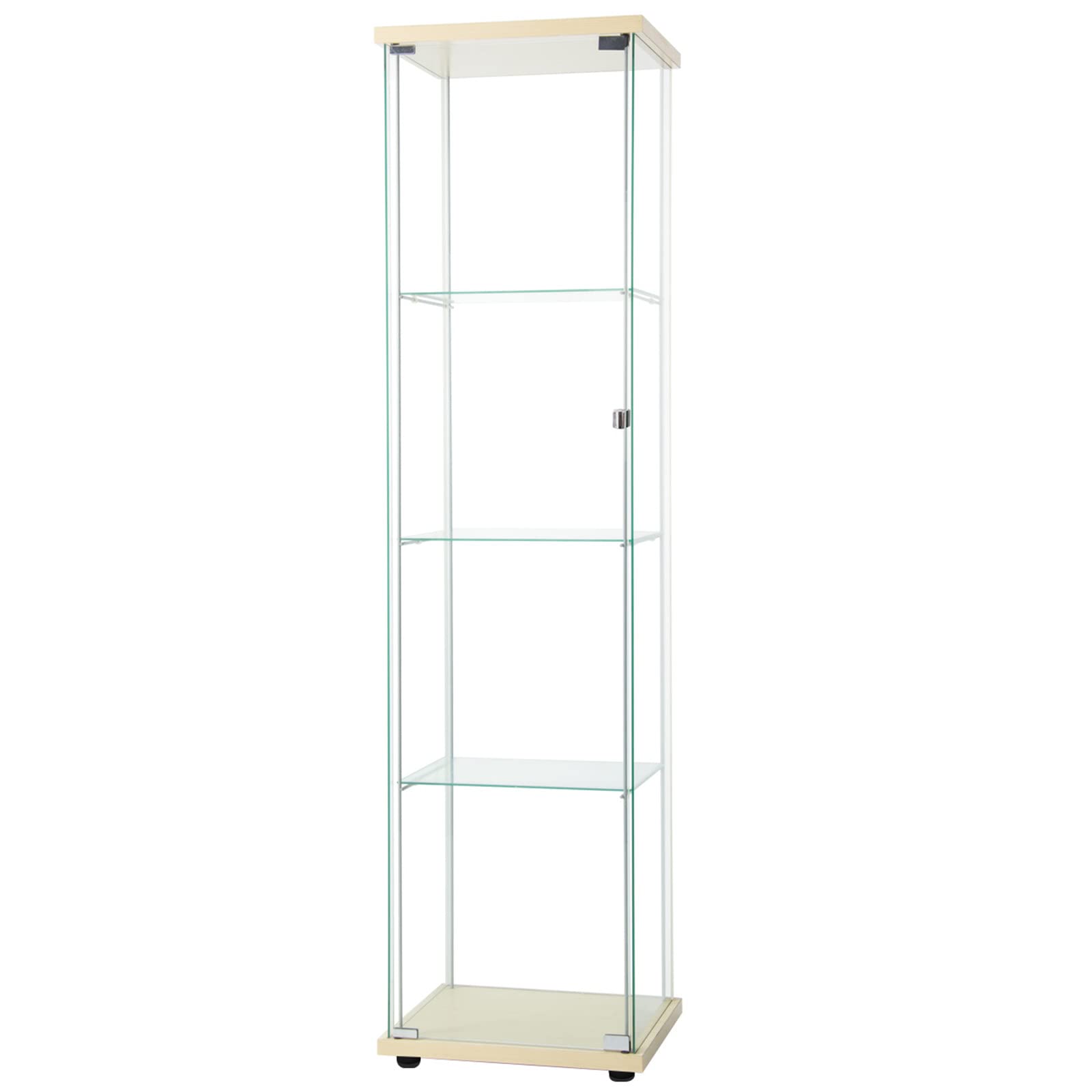 4-Tier Floor Standing Glass Bookshelf with Door - Modern Glass Display Cabinet for Living Room, Bedroom & Office - Storage Rack for Books, Toys & Collectibles - Natural Wood Color - Perfect for Home Decor & Showcase Display