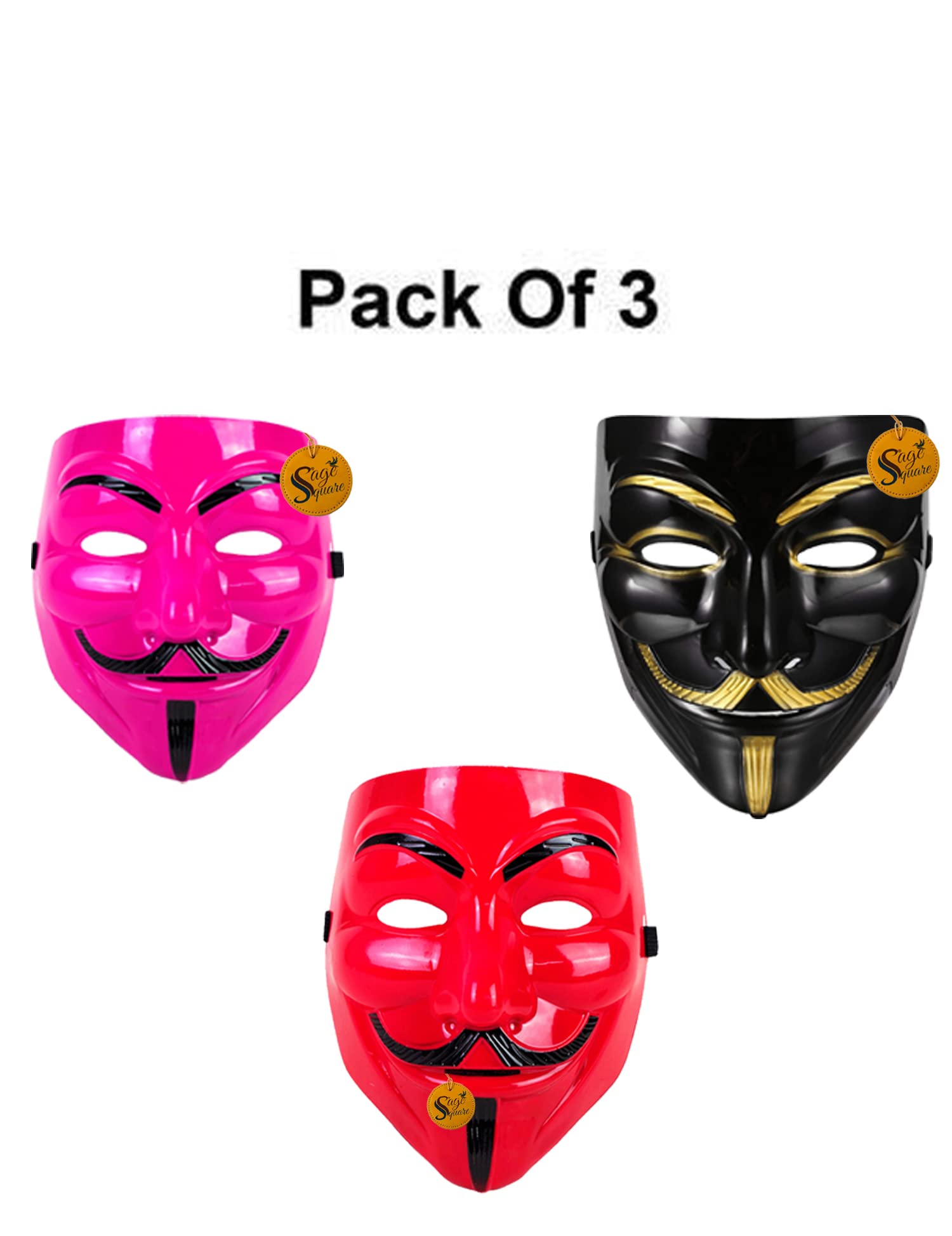 V for Vendetta Anonymous VIP Edition Face Mask - Sage Square Black, Pink & Red Set of 3 | Perfect Fit Cosplay Mask for Halloween, Protests & Movie Costumes | Fawkes Guy Fawkes Mask for Adults