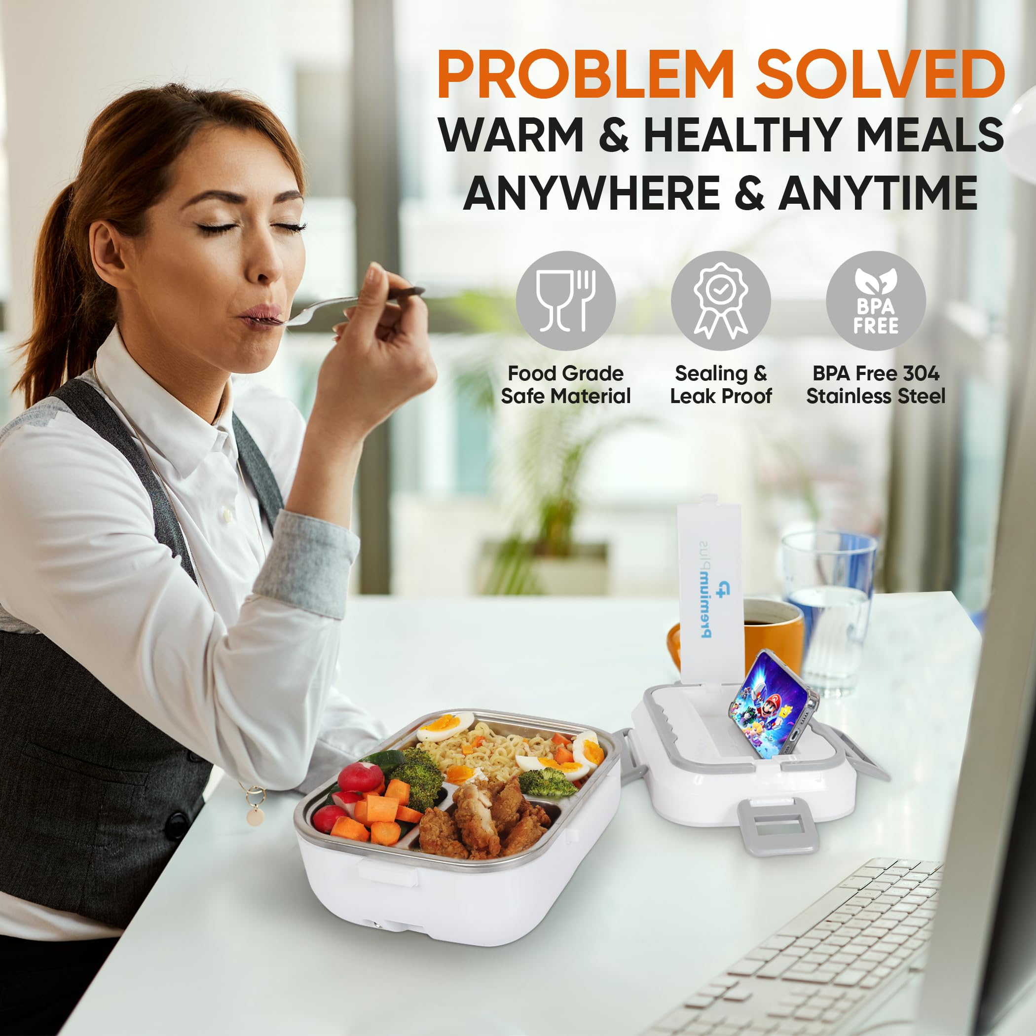 PremiumPlus Electric Lunch Box Food Warmer - Portable 1.5L Crockpot for Work, Car & Truck - 60W 12V/24V/110V Heater with Carrying Bag, Fork & Spoon - White - Perfect for Office Lunch, Commuting & Road Trips