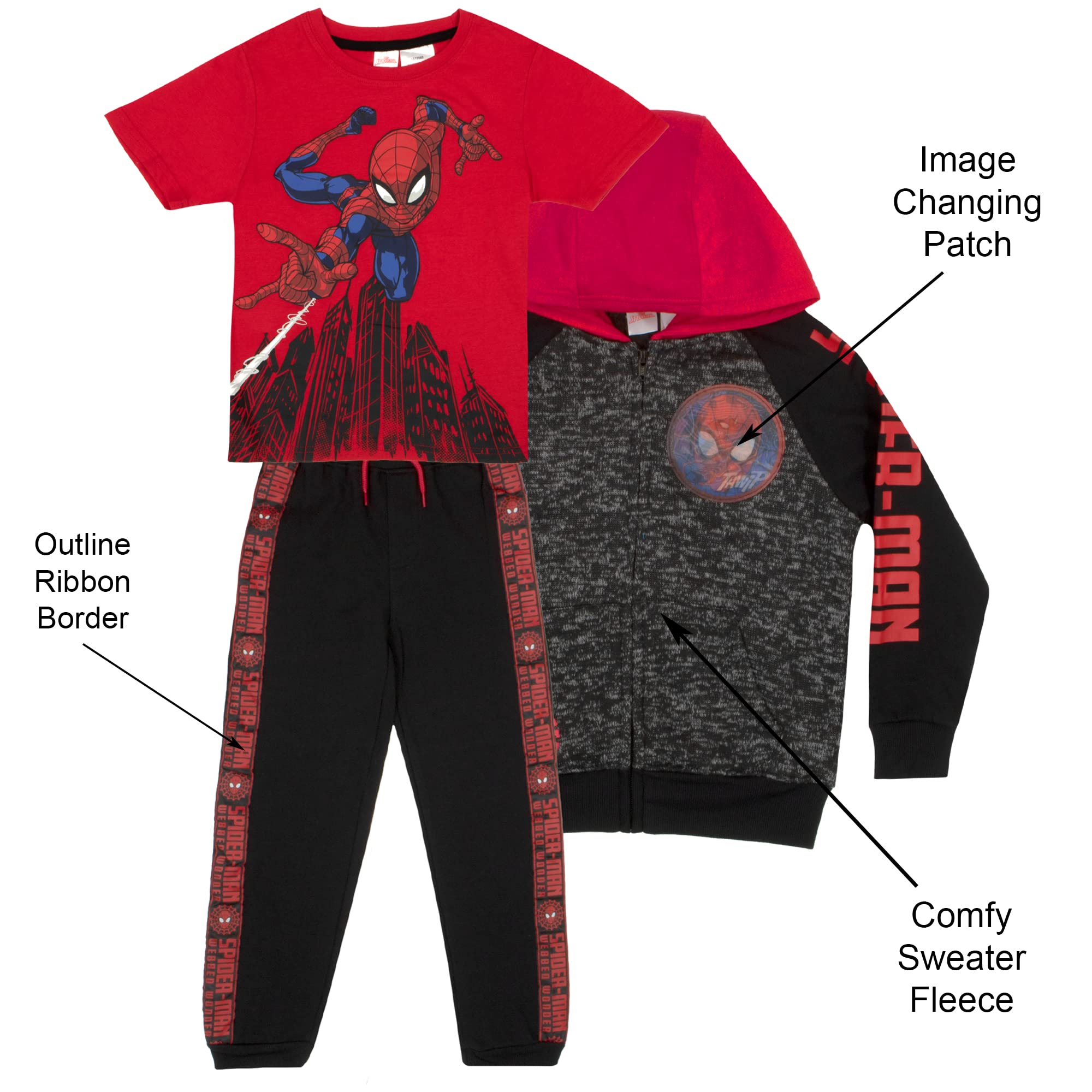 Marvel Spider-Man Boys 3-Piece Fleece Pajama Set - Zip-Up Hoodie, T-Shirt & Pants Bundle | Soft & Cozy Sleepwear for Kids | Perfect for Bedtime, Lounging & Superhero Play