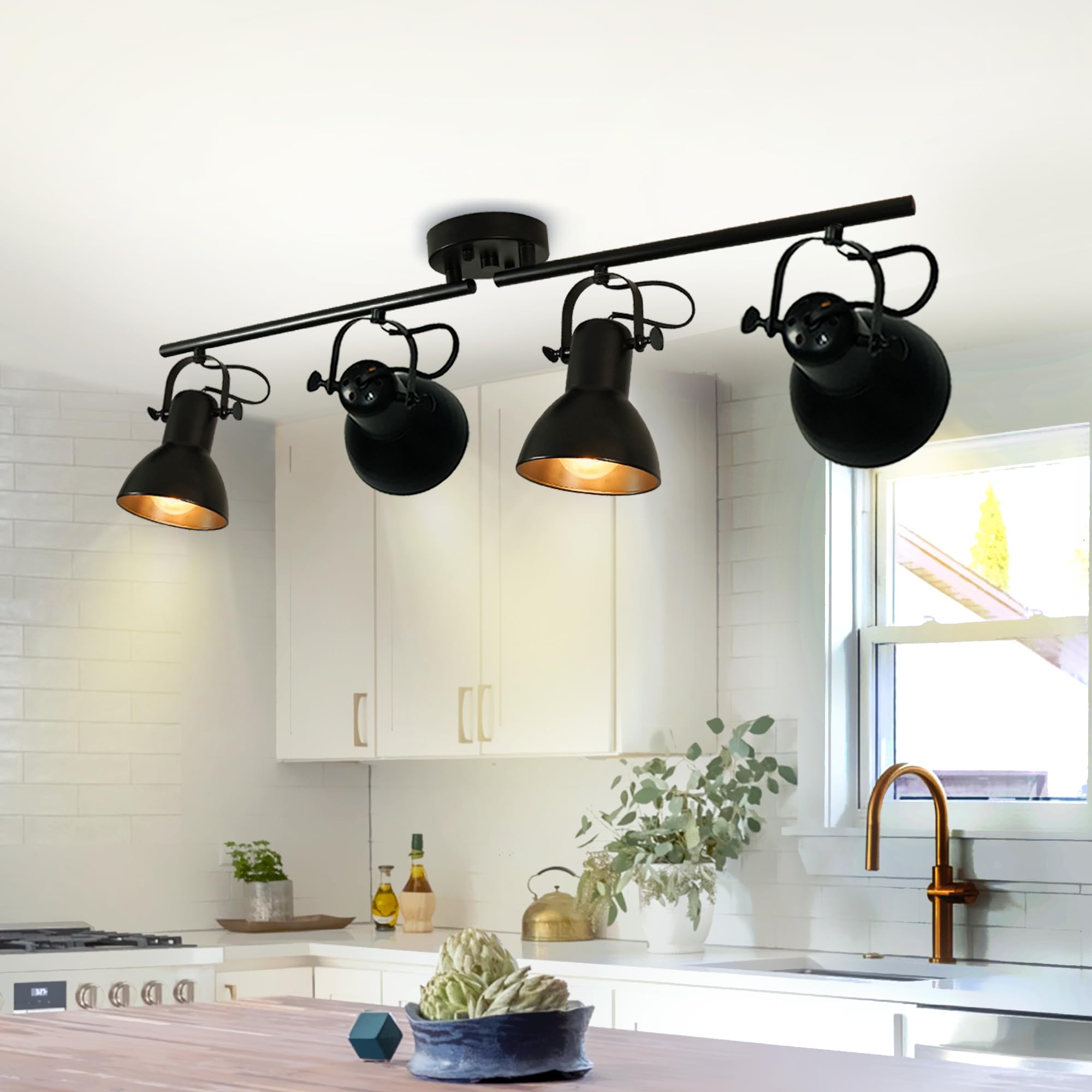 Black Adjustable Track Lighting Kit - 4 Light Ceiling Fixture for Kitchen, Living Room, Office & Commercial Spaces | Dimmable Industrial Lighting for Galleries, Malls & Billiard Tables | Easy Angle Adjustment & Modern Design