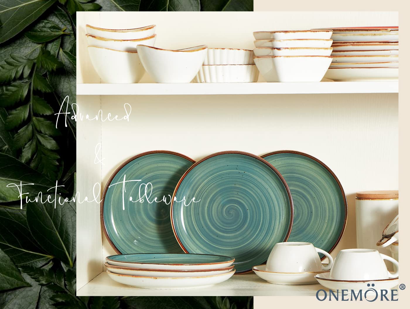 ONEMORE 6-Piece Ceramic Dinner Plates Set - 8.5 Inch Stoneware Appetizer, Salad & Dessert Plates - Oven, Microwave & Dishwasher Safe - Stackable Rustic Kitchen Porcelain Dishes in Teal - Perfect for Family Dinners, Parties & Restaurant Use