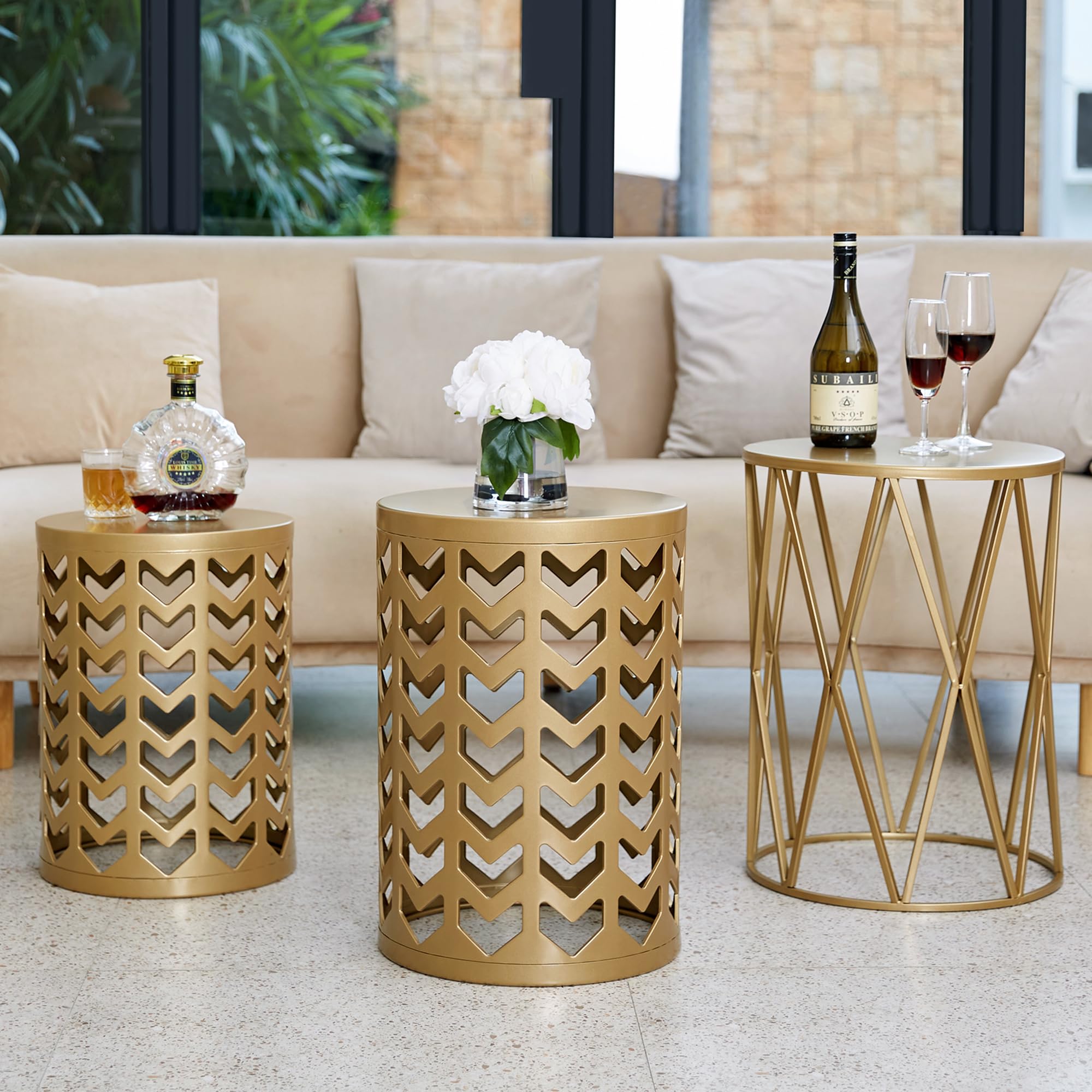 HFHOME Set of 3 Round Metal Nesting Tables - Side End Tables, Nightstand, Coffee Table for Living Room, Bedroom, Patio - Indoor & Outdoor Heavy Duty Metal Plant Stand, Garden Stool in Golden (Ship from US) | Perfect for Small Spaces, Coffee Table Sets, and Home Decor