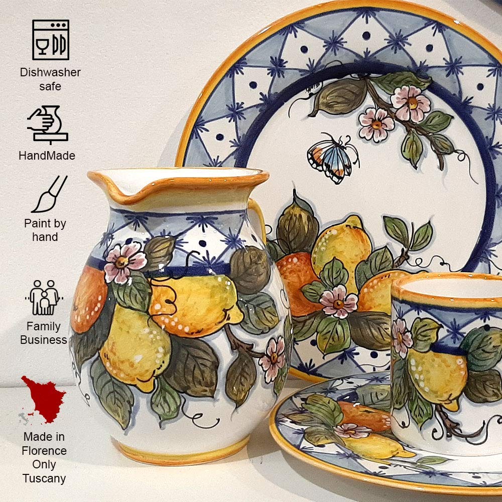 Hand-Painted Italian Ceramic Pitcher Lemon Design - 33 oz Tuscan Kitchen Carafe, Utensil Holder & Wine Dispenser - Authentic Italian Pottery Vase for Home Decor | Perfect for Farmhouse Kitchens, Italian Restaurants & Gift Giving