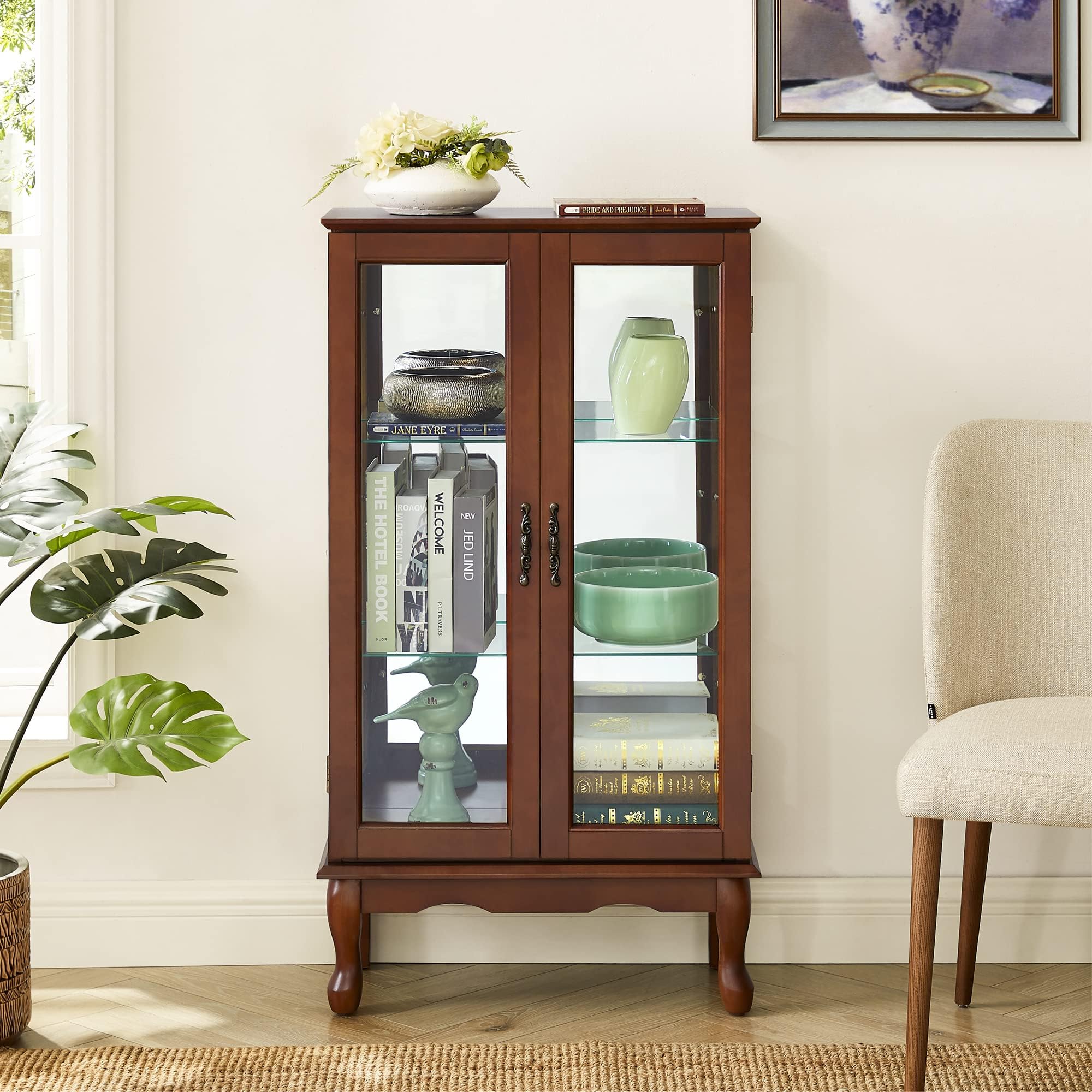 Elegant Wood & Glass Lighted Curio Display Cabinet with Adjustable Shelves - 43.5