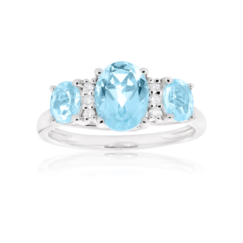 9ct White Gold Sky Blue Topaz & Diamond Trilogy Ring - Elegant Jewelry for Women, Perfect for Engagement, Wedding & Anniversary Gifts