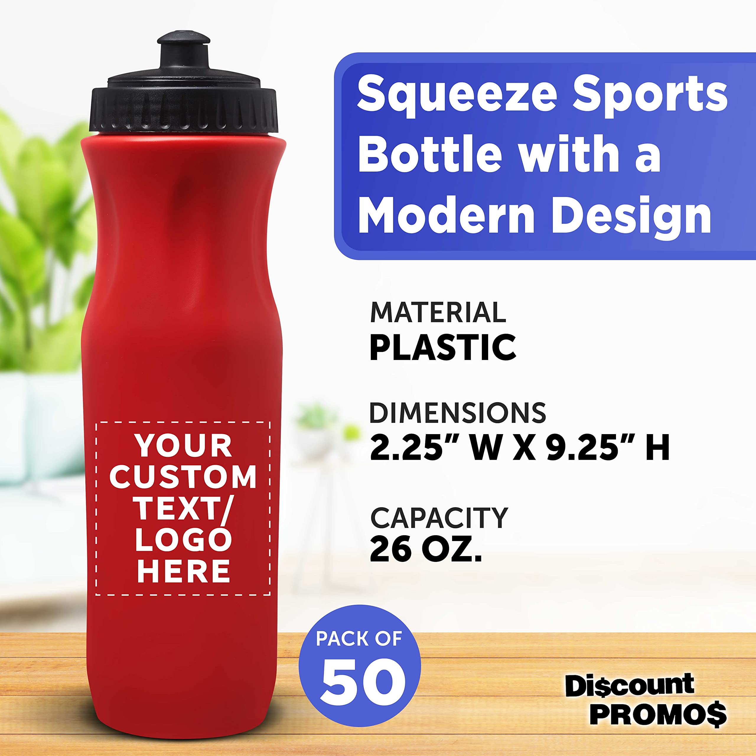 50 Pack 26oz Customizable Plastic Water Bottles with Black Push Top Lid - Bulk Water Bottles for Sports, Gym, School & Outdoor Activities - Red Color (Logo/Text Printing Available)