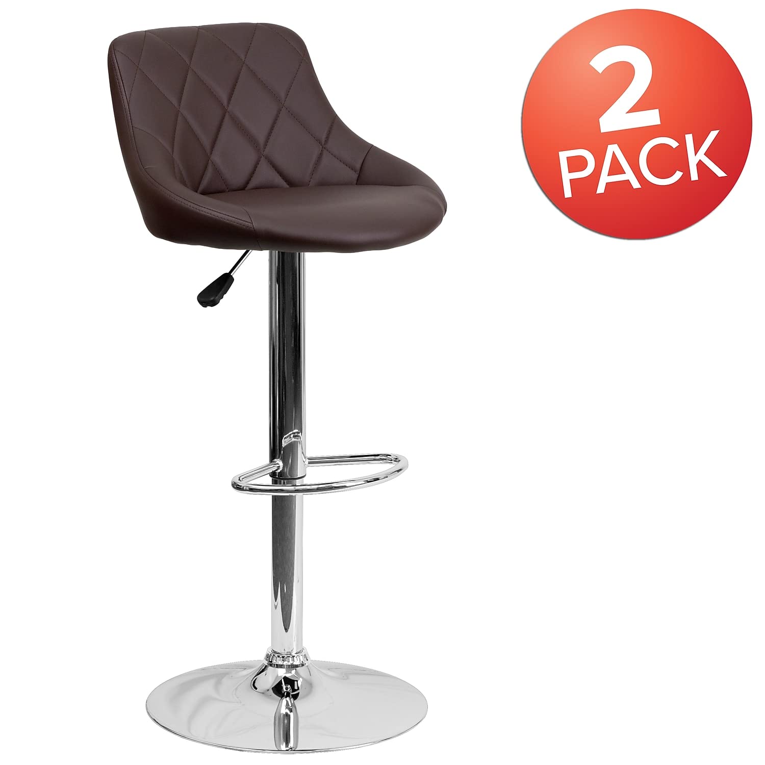 Flash Furniture Caldwell 2-Pack Adjustable Height Bar Stools - Brown Vinyl Bucket Seats with Diamond Pattern Back & Chrome Base - Perfect for Kitchen Islands, Home Bars & Counter Dining
