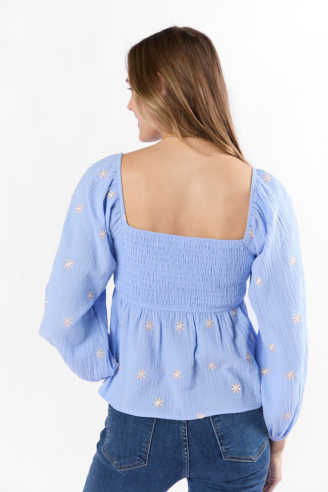Darling Days Blue Floral Embroidered Gauze Top - Women's Boho Chic Blouse for Summer, Beach, and Casual Outings