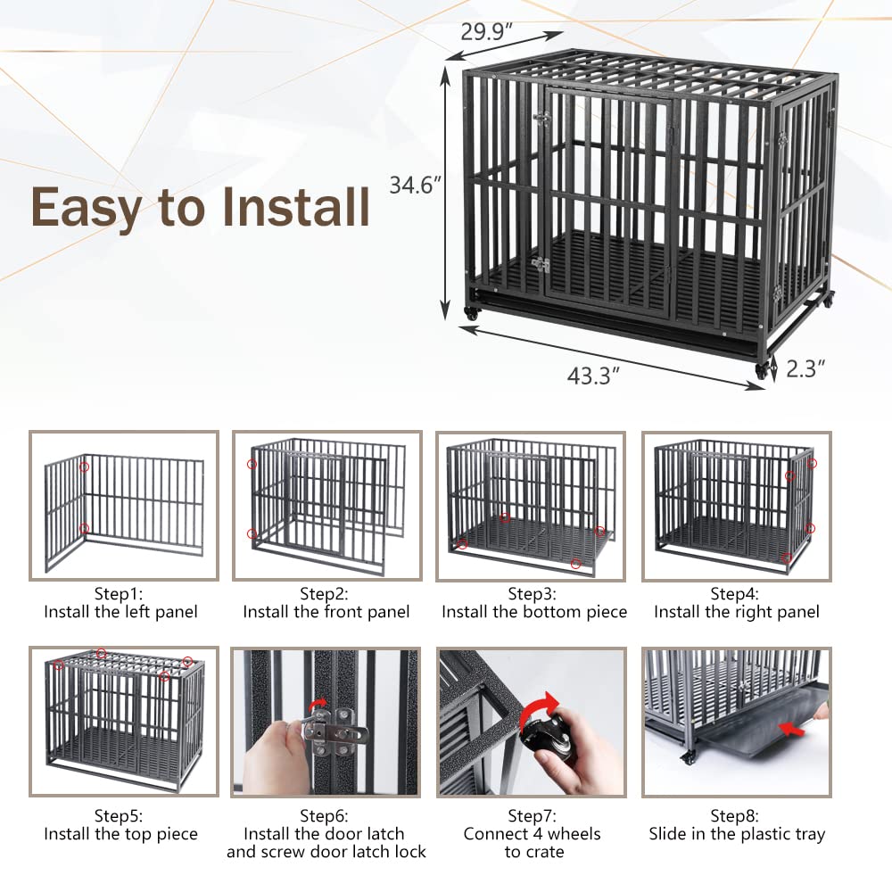 LUCKUP 42 Inch Heavy Duty Metal Dog Crate with 2 Doors & 4 Wheels - Stackable Large Dog Kennel Cage for Medium & Big Dogs - Removable Tray - Perfect for Home, Travel & Vet Visits