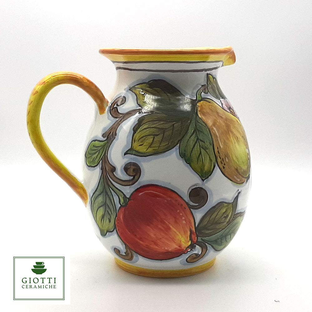 Italian Ceramic Pitcher 33oz - Hand Painted Fruit Design Kitchen Carafe & Utensil Holder - Tuscan Pottery Wine Dispenser - Authentic Italy Home Decor for Dining Table, Kitchen Counter & Gift Giving