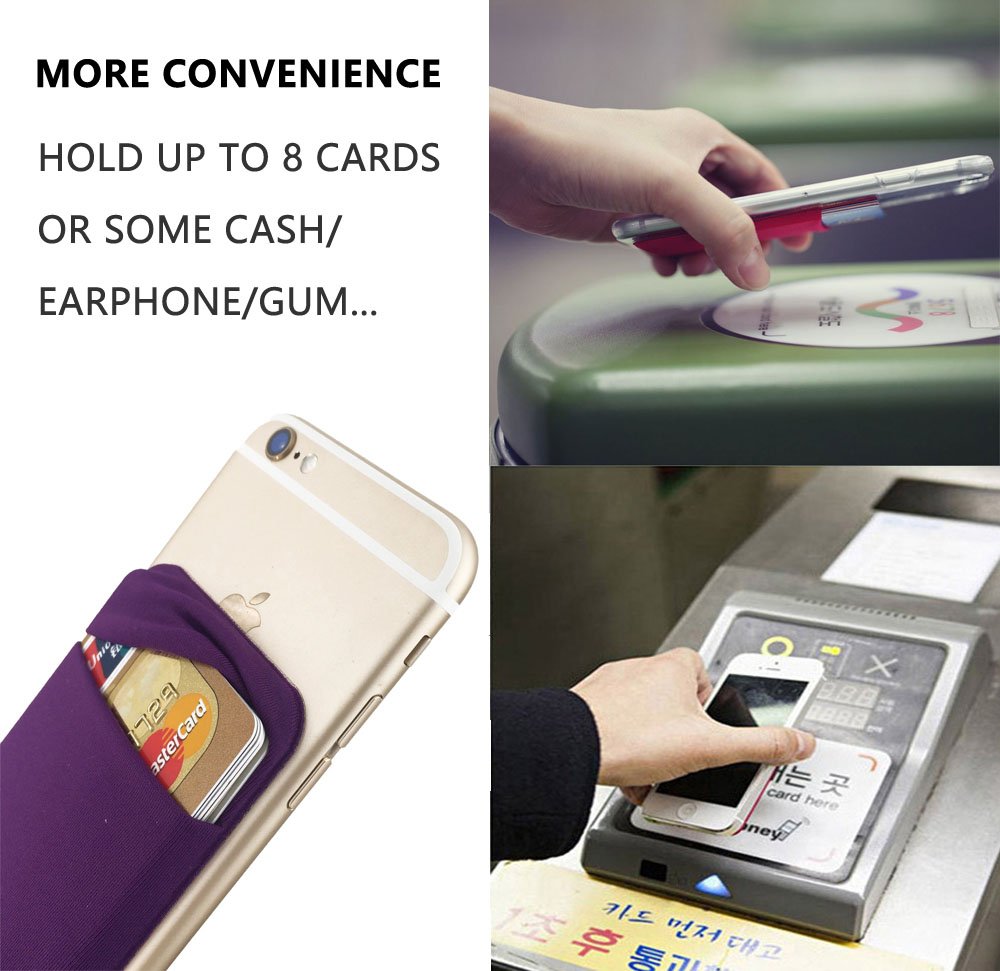 3Pack Sticky Phone Card Holder - Double Pocket Wallet Sticker for ID, Credit Cards & Cash - Stretchy Adhesive Back for All Smartphones (Purple, Silver, Black) | Perfect for Travel, Shopping & Daily Commute