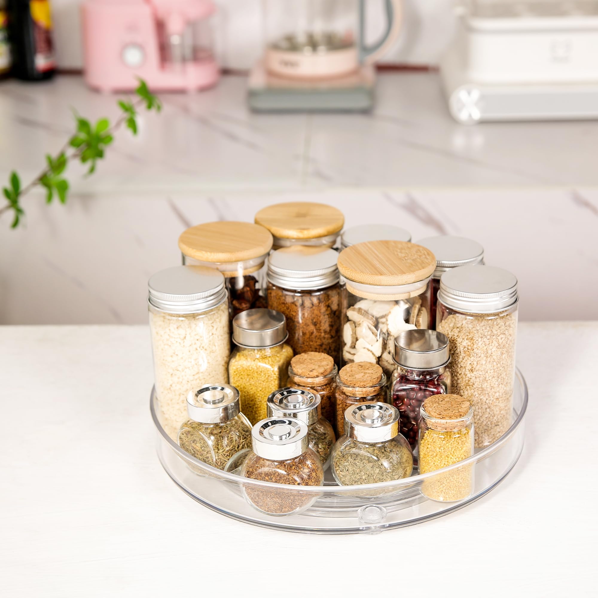 2 Pack 9.25 Inch Clear Lazy Susan Turntable Organizer - Spice Rack, Pantry Storage, Cabinet & Vanity Organizer for Kitchen, Bathroom, Jewelry | Durable Rotating Shelf for Condiments, Makeup & Home Organization