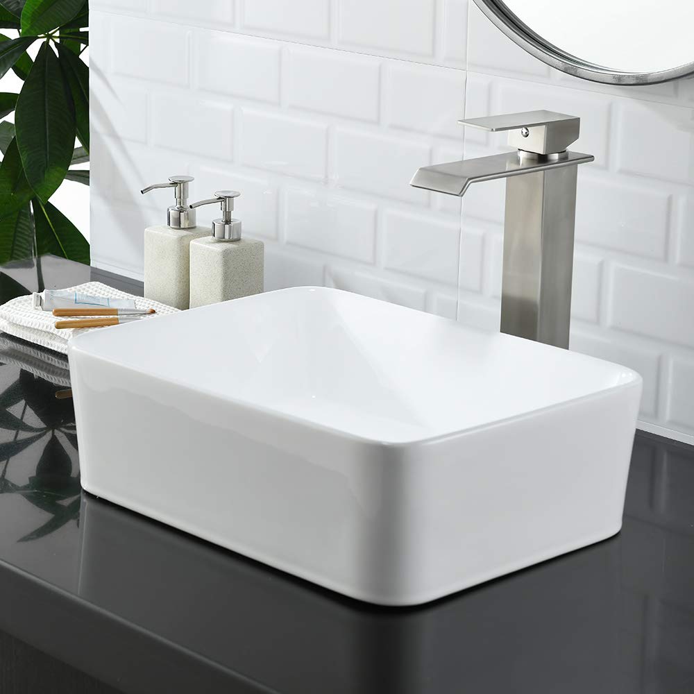 WMXQX 19x15 Inch White Porcelain Rectangle Vessel Sink with Faucet and Drain Combo - Above Counter Bathroom Vanity Sink Set for Modern & Contemporary Bathrooms