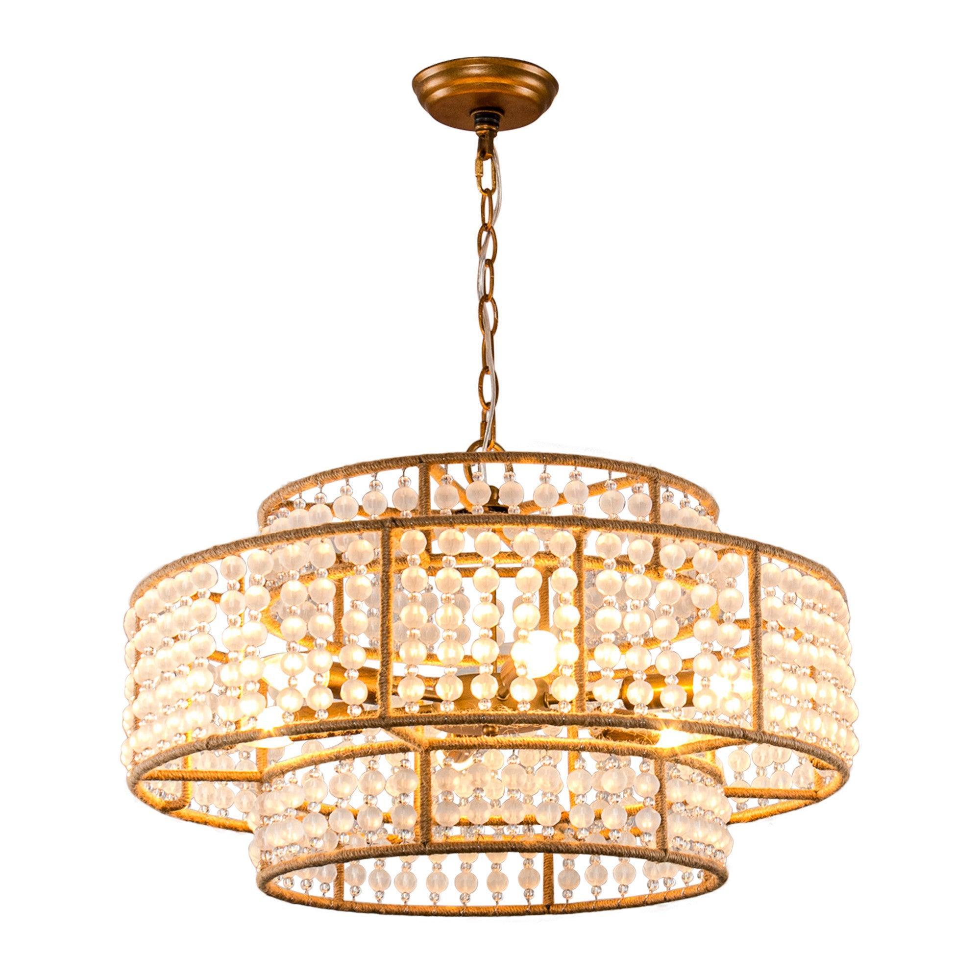 6-Light Antique Gold Farmhouse Drum Beaded Chandelier with Rope Accents - Rustic Ceiling Lighting Fixture for Dining Room, Bedroom, or Kitchen Decor