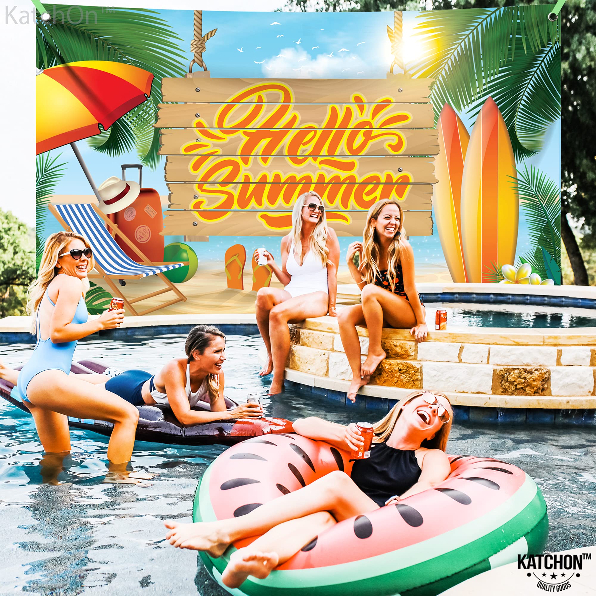 KatchOn Large 72x44 Inch Hello Summer Backdrop - Premium Summer Party Banner for Beach, Surfboard & End of School Decorations | Perfect for Pool Parties, Graduation Celebrations & Tropical Themed Events