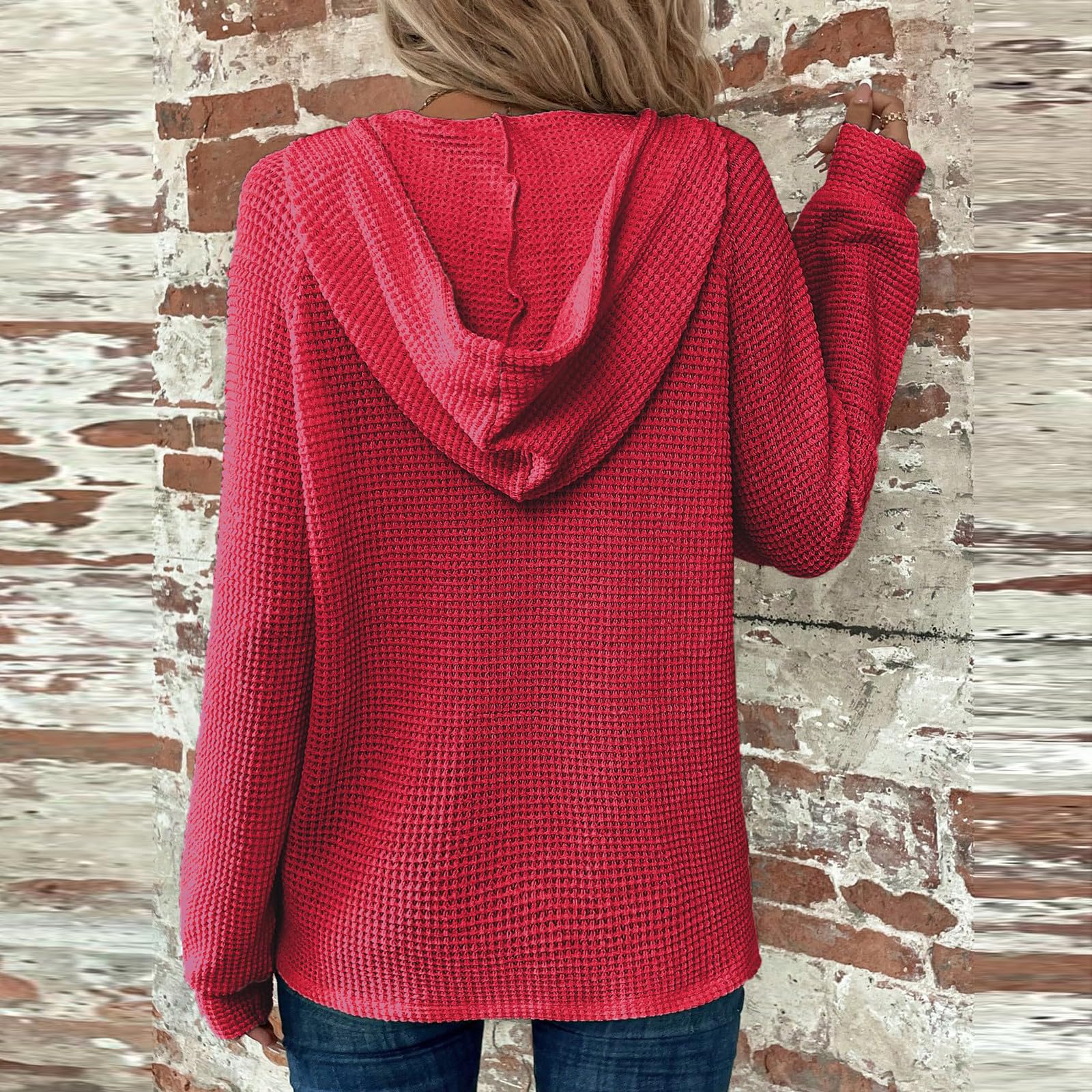 Women's Waffle Knit Hoodie - Button V-Neck Long Sleeve Pullover Sweatshirt with Drawstring | Casual Hooded Tops for Fall & Winter | Perfect for Lounge Wear, Outdoor Activities and Layering